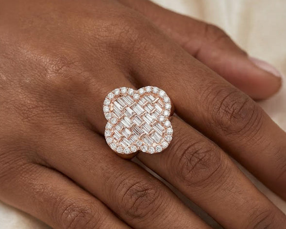 10K Gold Diamond Clover Statement Ring with Baguette Accents 2.00 CT