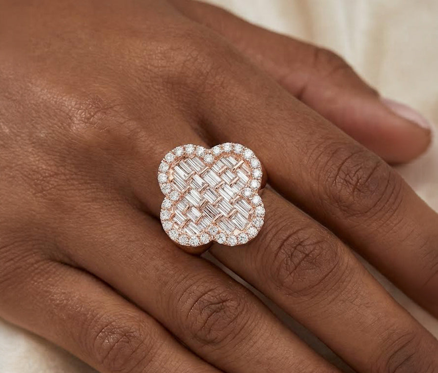 10K Gold Diamond Clover Statement Ring with Baguette Accents 2.00 CT