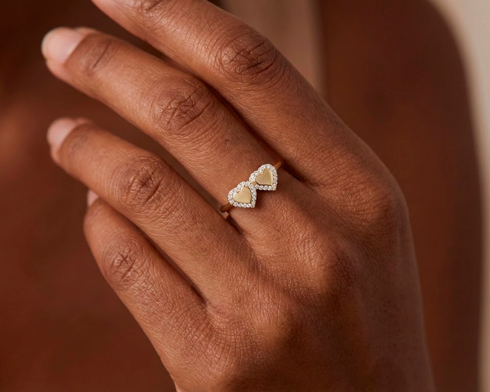 10K Gold Double Heart Halo Cubic Zirconia Ring