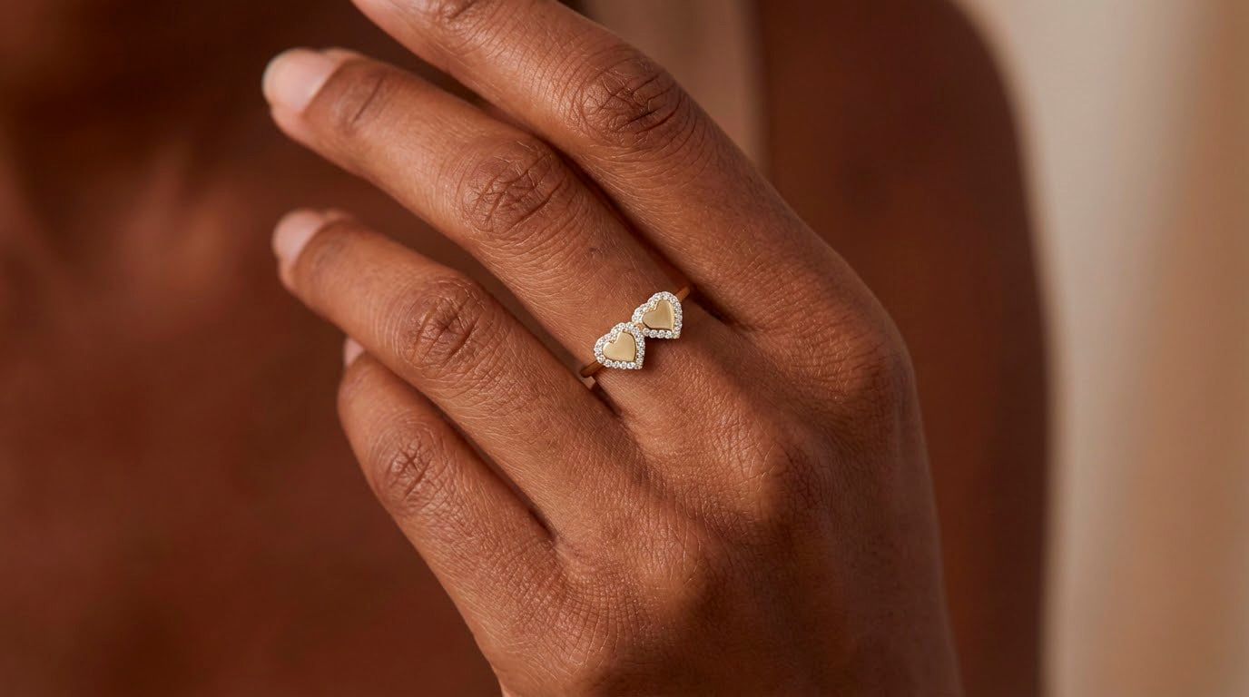 10K Gold Double Heart Halo Cubic Zirconia Ring