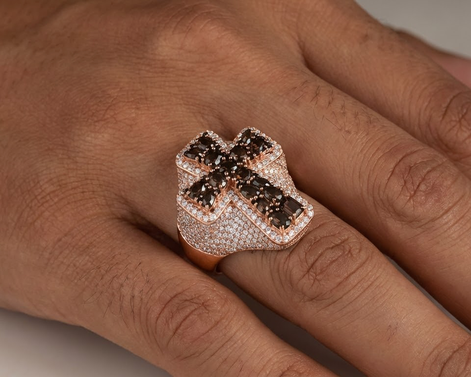 10K Gold Black Ruby Cross Ring with Diamond Pavé Accents 2.60 CT