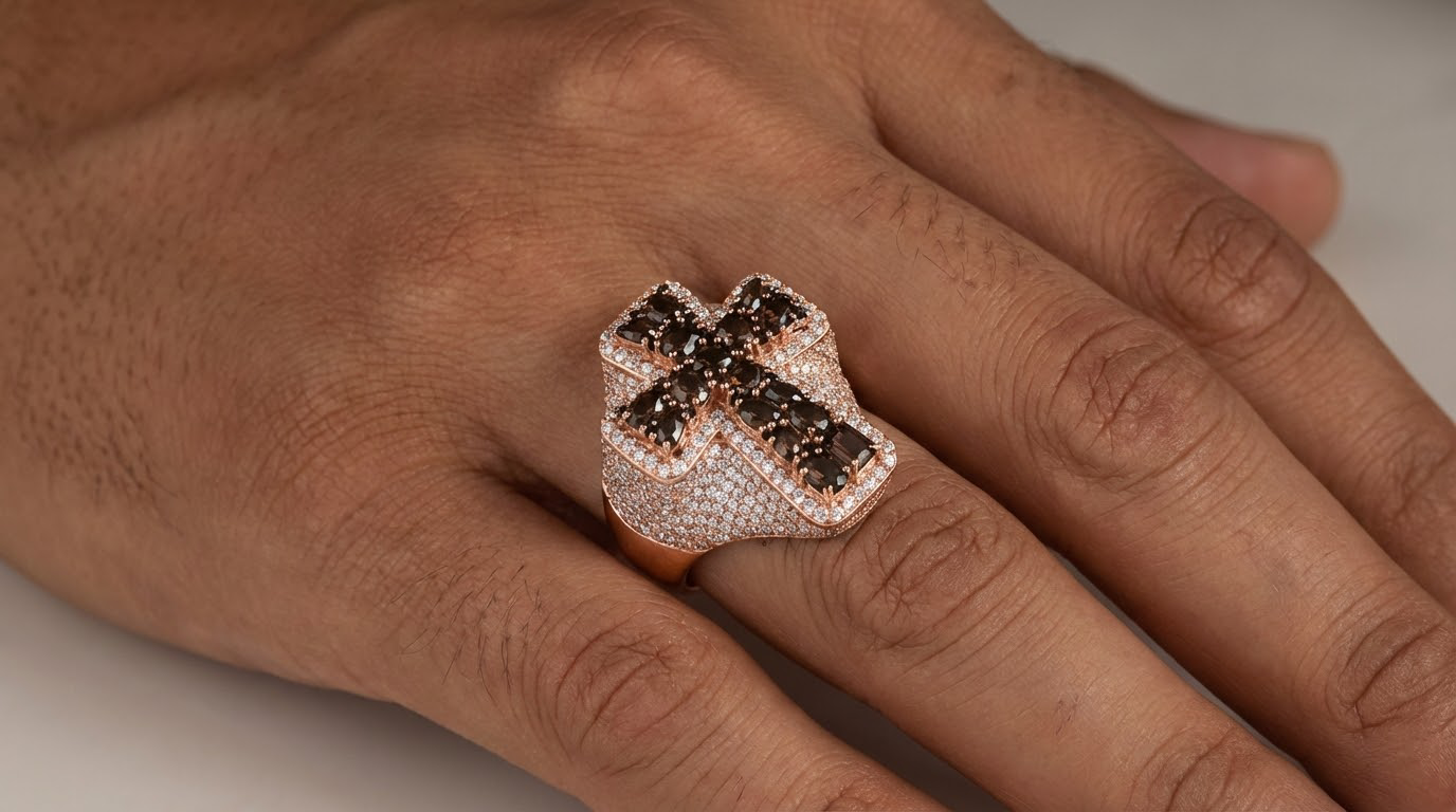 10K Gold Black Ruby Cross Ring with Diamond Pavé Accents 2.60 CT