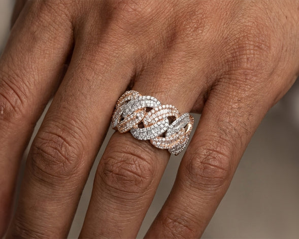 10K Gold Cuban Link Diamond Ring with Baguette & Round Cut 4.0 CT