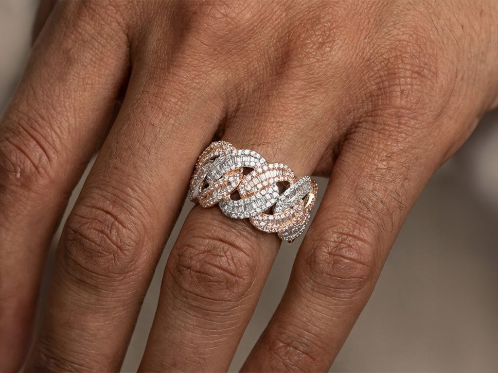 10K Gold Cuban Link Diamond Ring with Baguette & Round Cut 4.0 CT