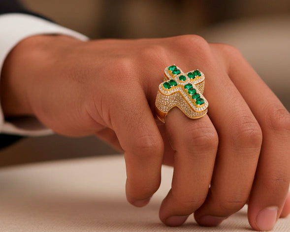 10K Gold Diamond Cross Ring with Green Round-Cut Stones & Pavé Halo 2.95ct