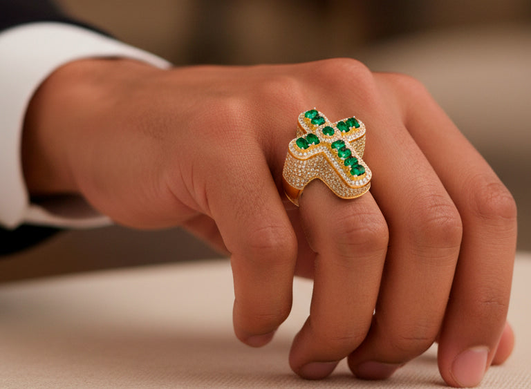 10K Gold Diamond Cross Ring with Green Round-Cut Stones & Pavé Halo 2.95ct