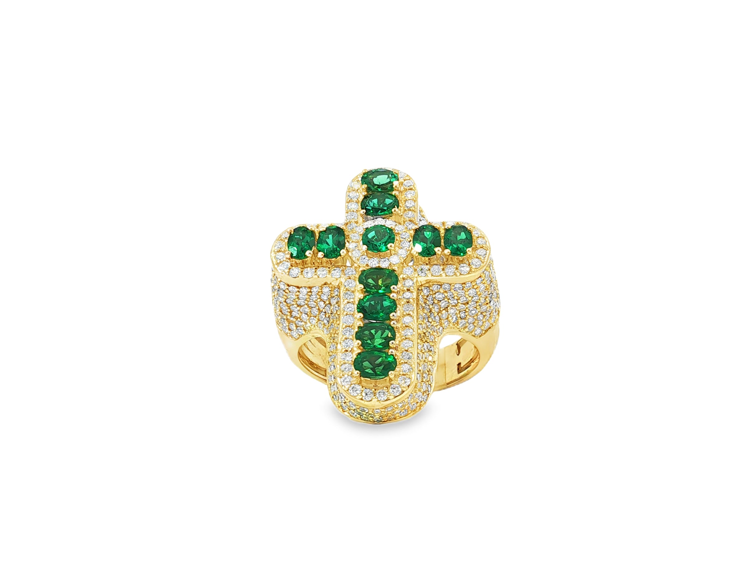 10K Gold Diamond Cross Ring with Green Round-Cut Stones & Pavé Halo 2.95ct
