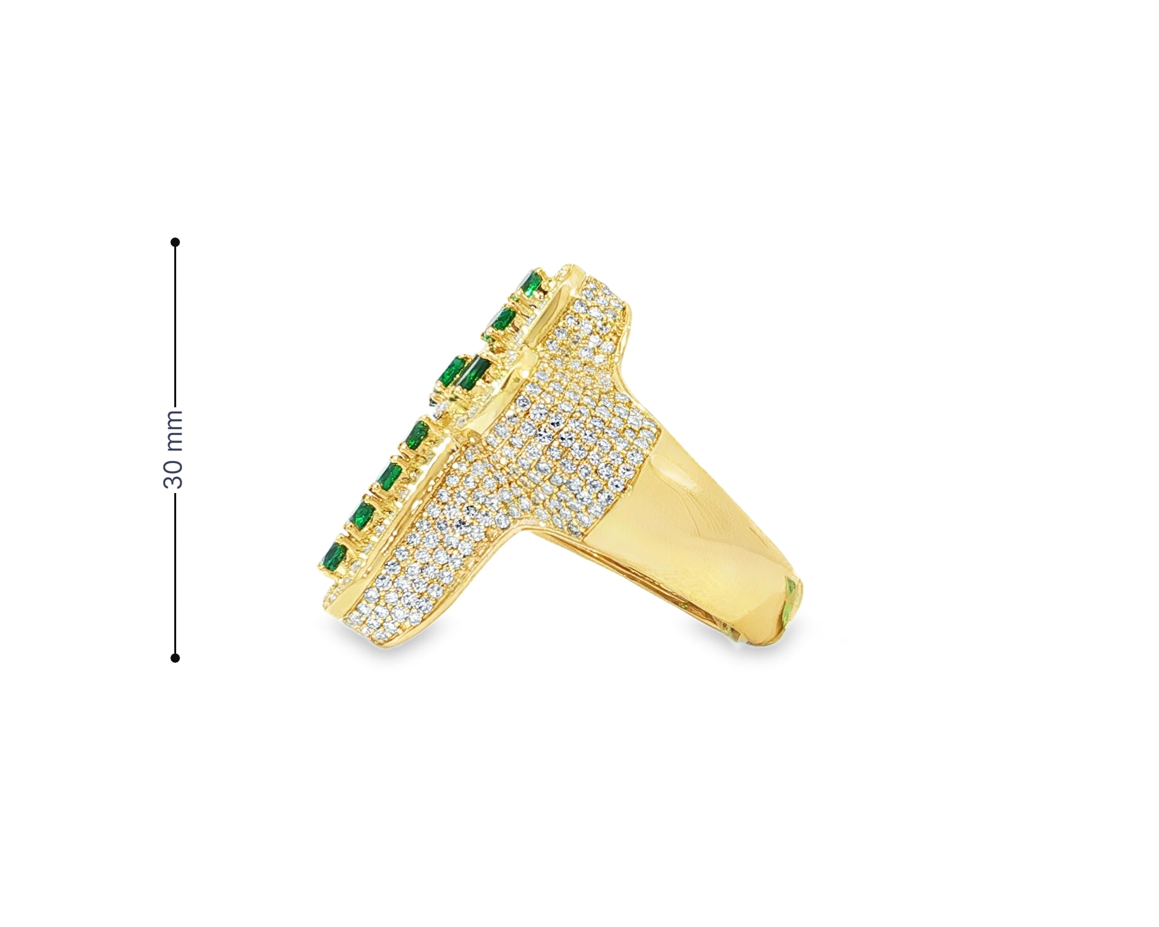 10K Gold Diamond Cross Ring with Green Round-Cut Stones & Pavé Halo 2.95ct