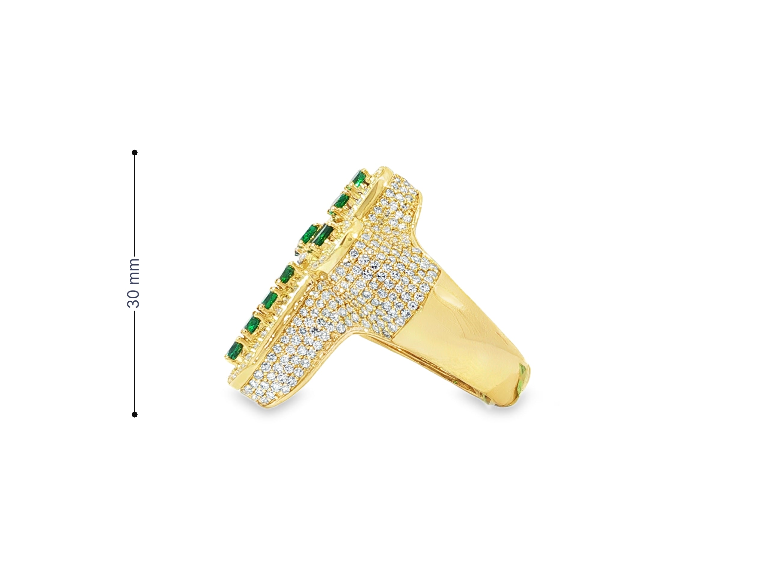 10K Gold Diamond Cross Ring with Green Round-Cut Stones & Pavé Halo 2.95ct