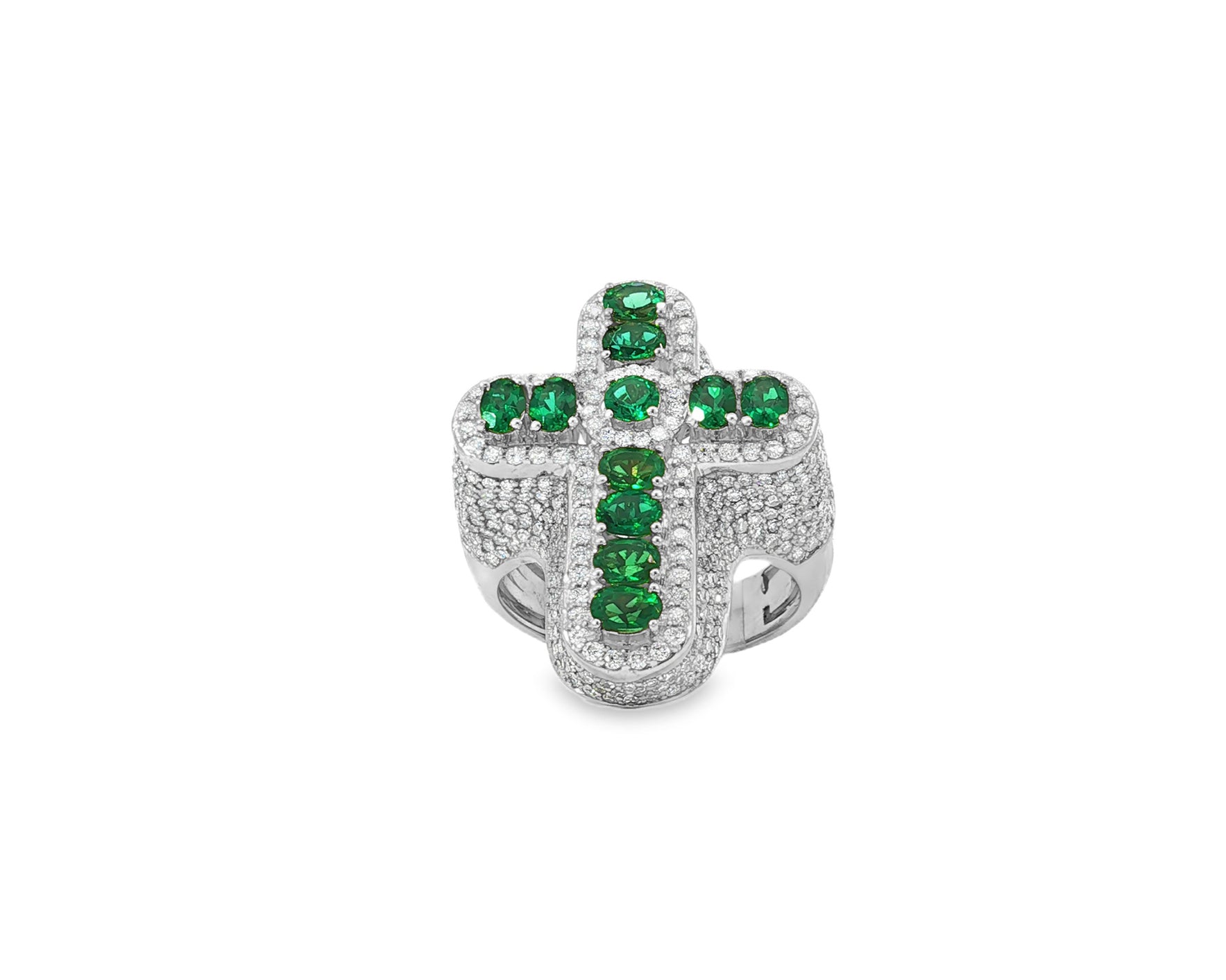 10K Gold Diamond Cross Ring with Green Round-Cut Stones & Pavé Halo 2.95ct