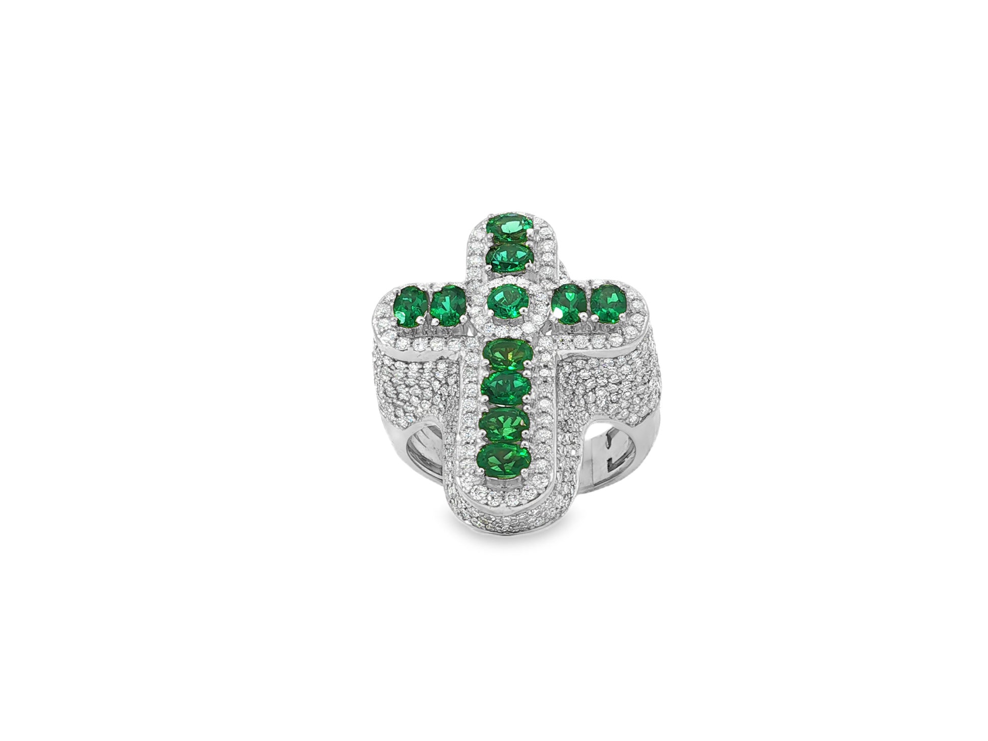 10K Gold Diamond Cross Ring with Green Round-Cut Stones & Pavé Halo 2.95ct