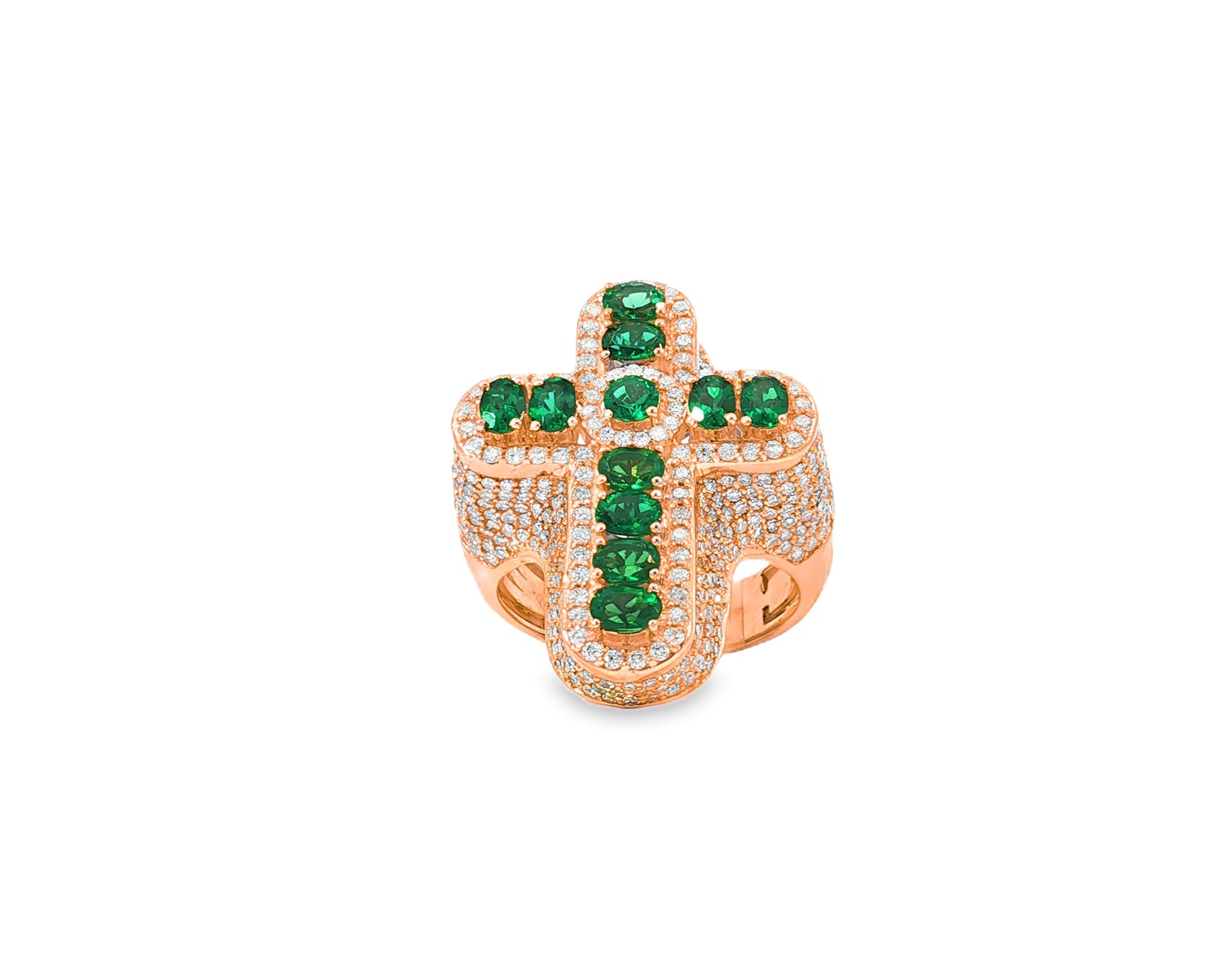 10K Gold Diamond Cross Ring with Green Round-Cut Stones & Pavé Halo 2.95ct