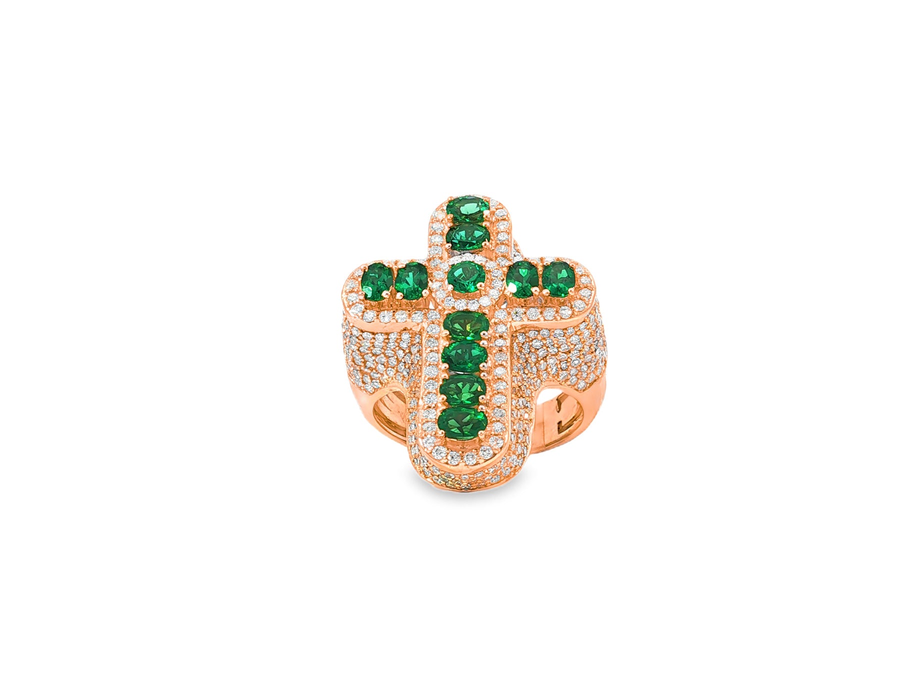 10K Gold Diamond Cross Ring with Green Round-Cut Stones & Pavé Halo 2.95ct