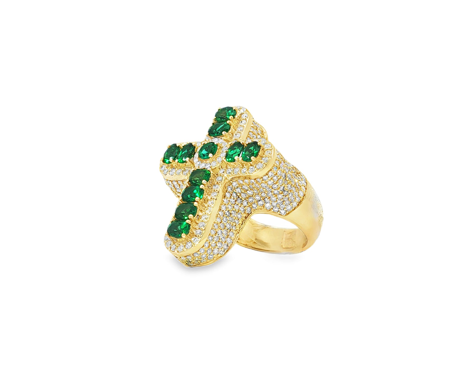 10K Gold Diamond Cross Ring with Green Round-Cut Stones & Pavé Halo 2.95ct
