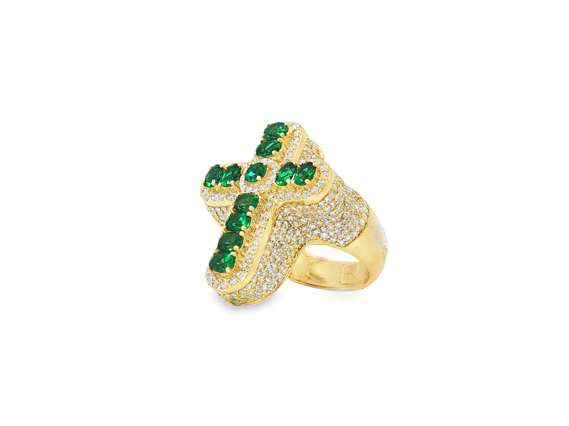 10K Gold Diamond Cross Ring with Green Round-Cut Stones & Pavé Halo 2.95ct