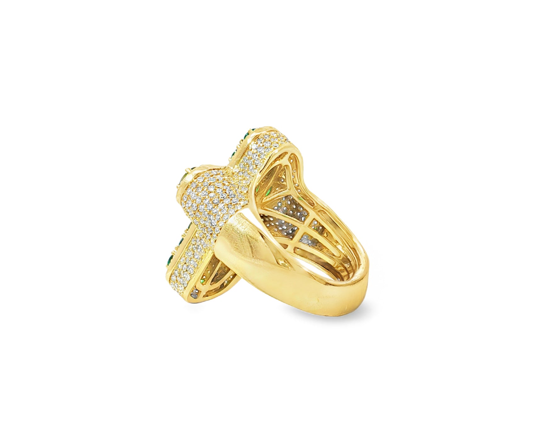 10K Gold Diamond Cross Ring with Green Round-Cut Stones & Pavé Halo 2.95ct