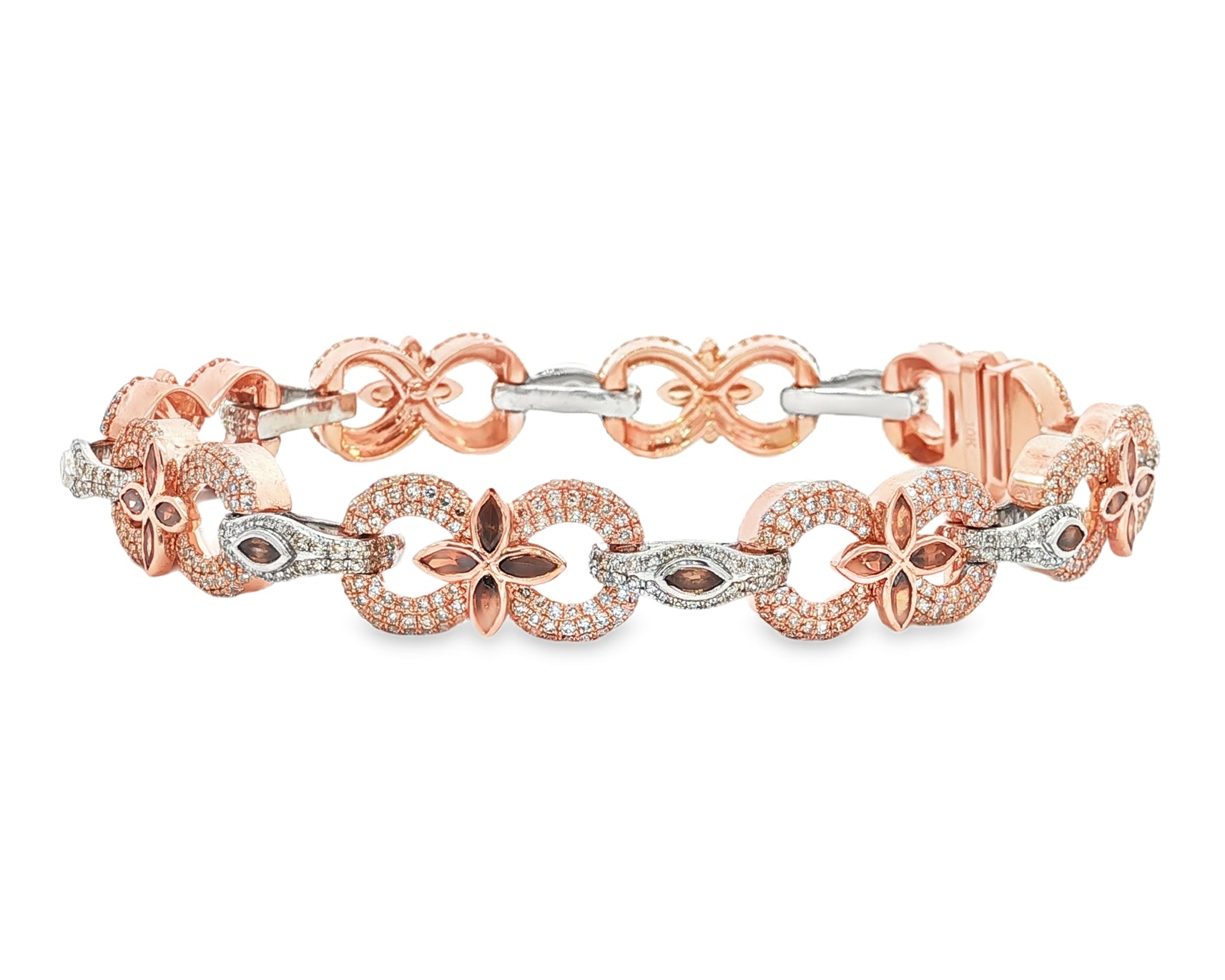 10K Gold Diamond Floral Link Bracelet with Marquise Accents & Pavé Design 3.5ct