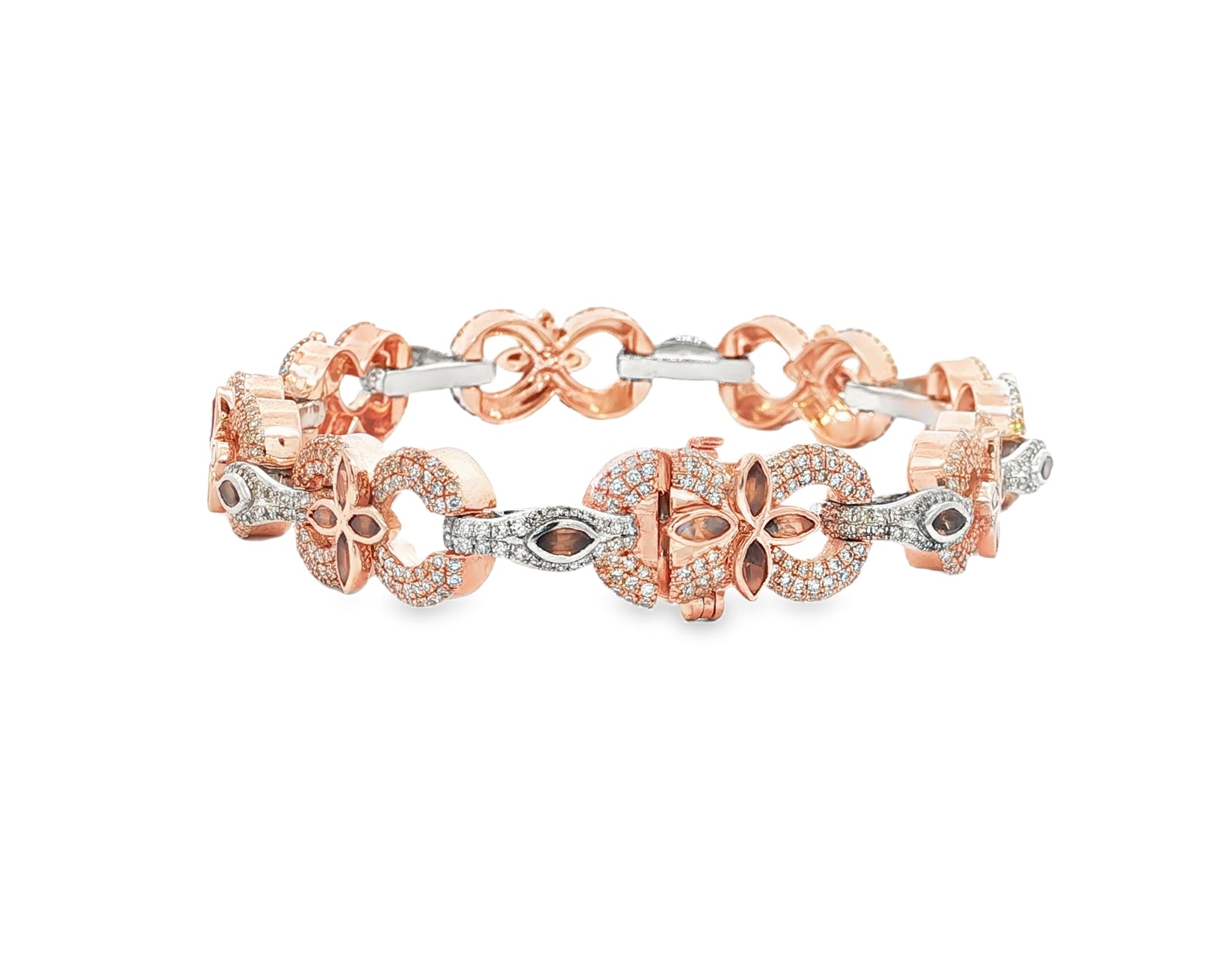 10K Gold Diamond Floral Link Bracelet with Marquise Accents & Pavé Design 3.5ct