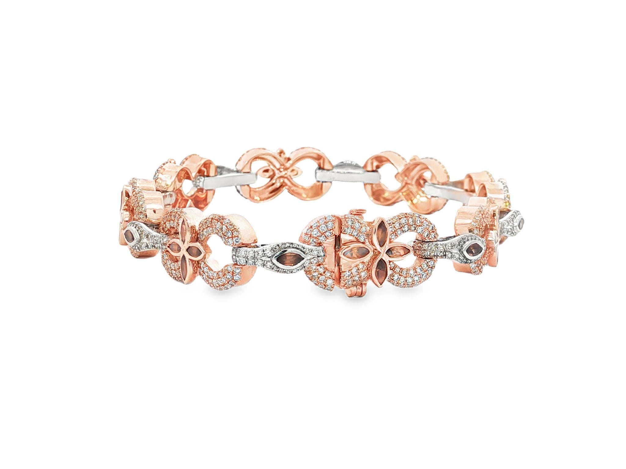 10K Gold Diamond Floral Link Bracelet with Marquise Accents & Pavé Design 3.5ct