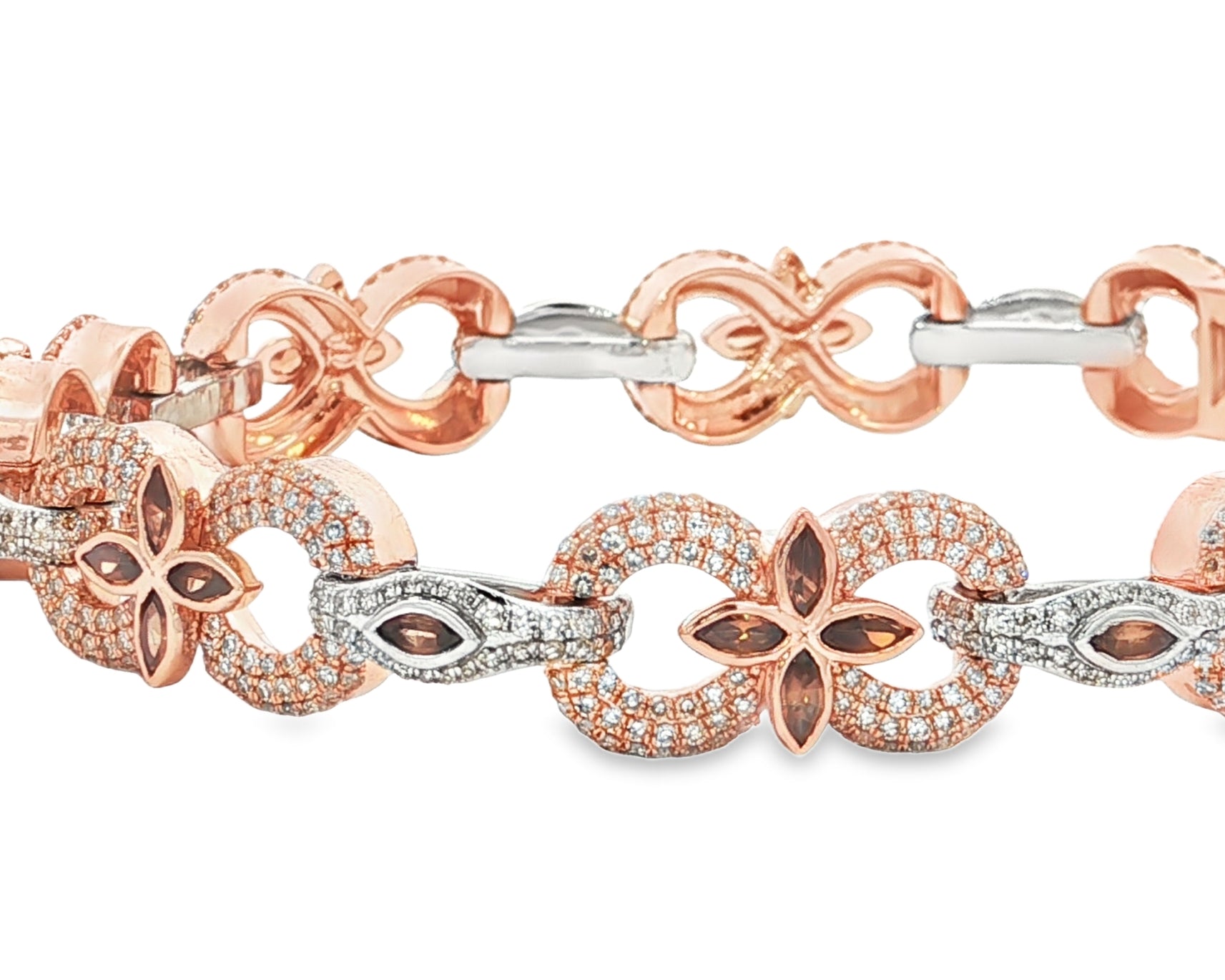 10K Gold Diamond Floral Link Bracelet with Marquise Accents & Pavé Design 3.5ct