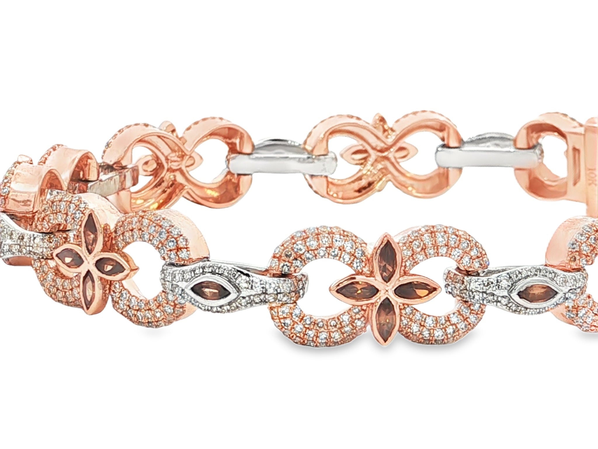 10K Gold Diamond Floral Link Bracelet with Marquise Accents & Pavé Design 3.5ct