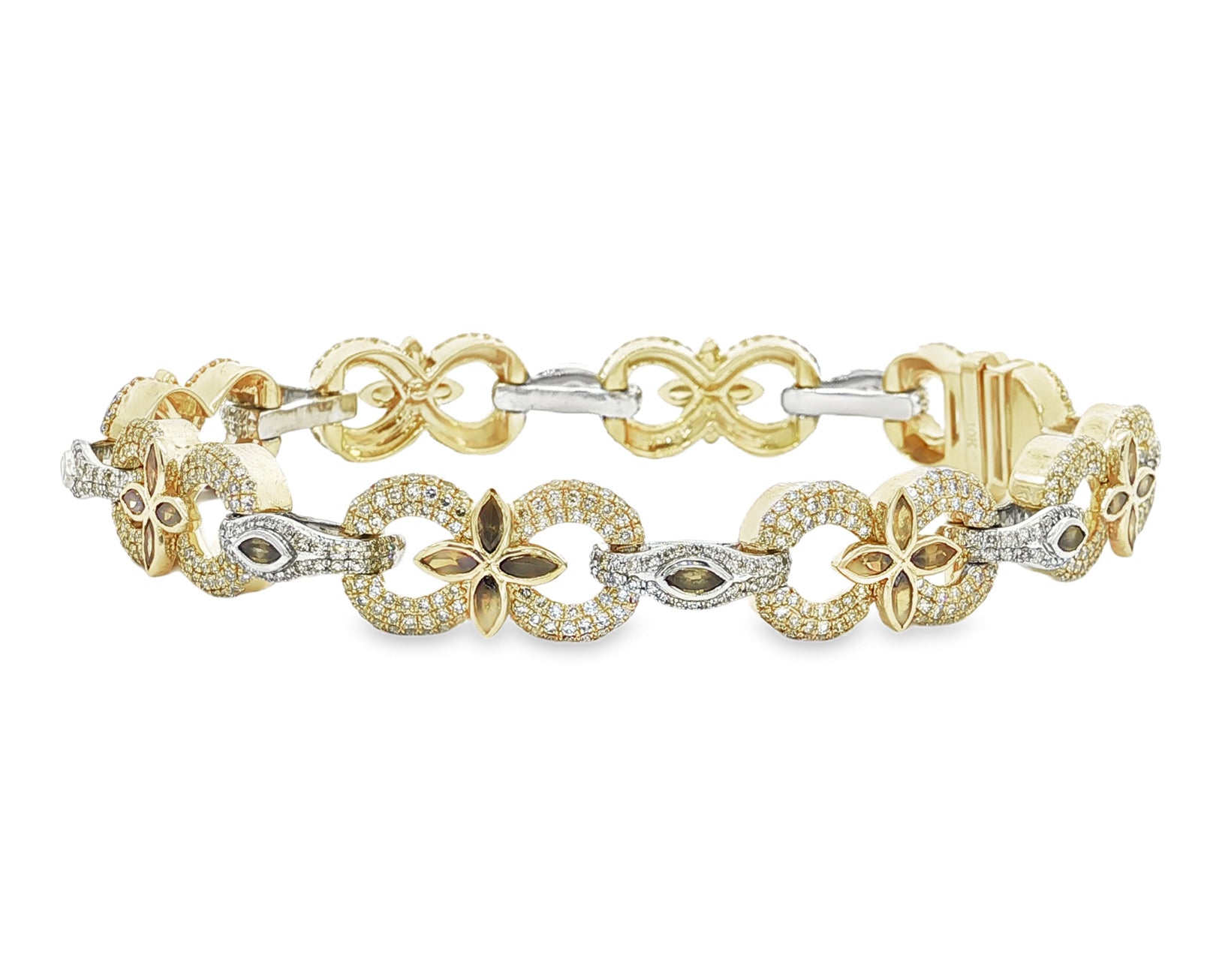 10K Gold Diamond Floral Link Bracelet with Marquise Accents & Pavé Design 3.5ct