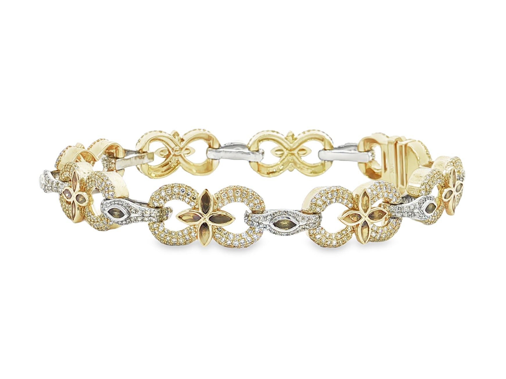 10K Gold Diamond Floral Link Bracelet with Marquise Accents & Pavé Design 3.5ct