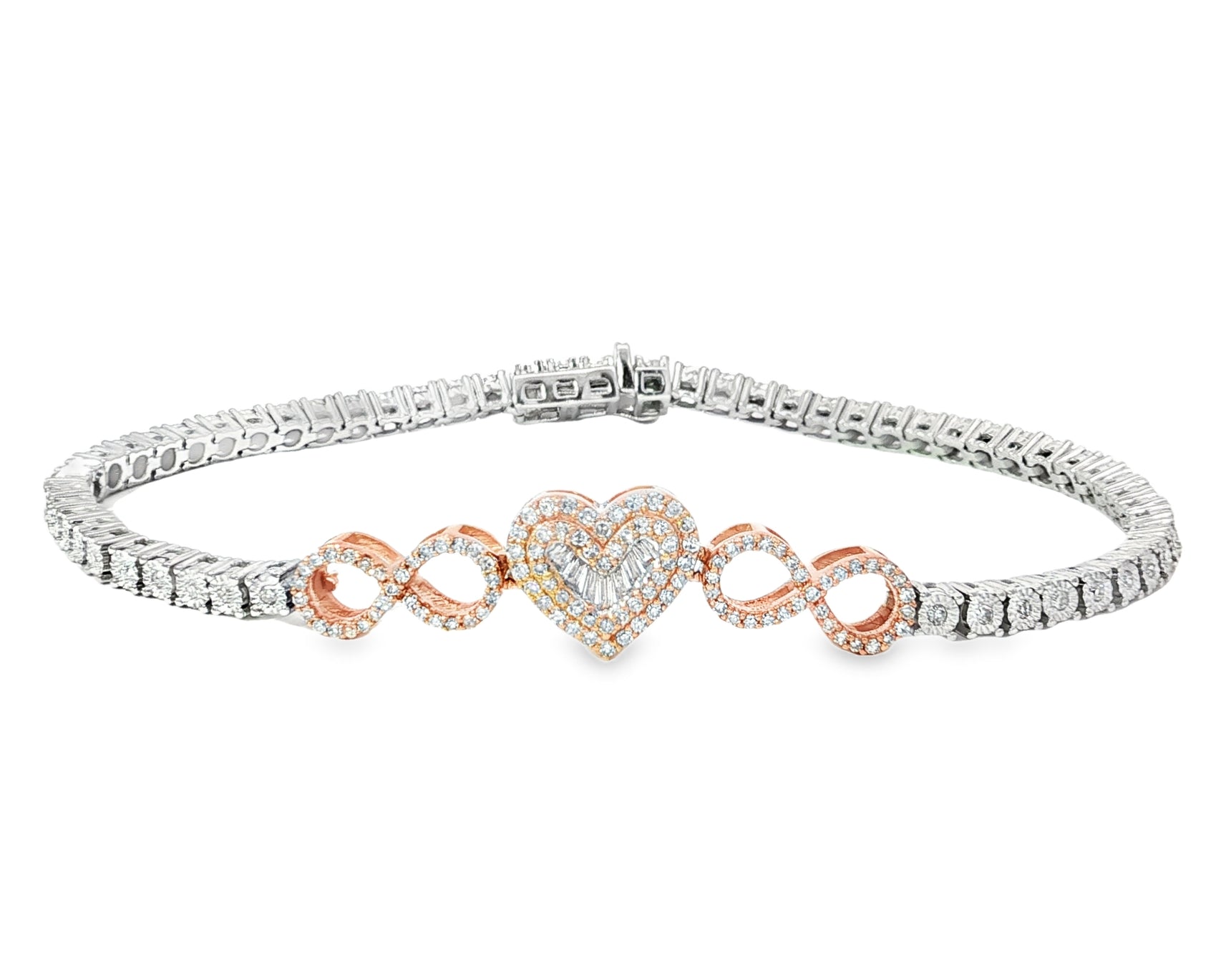 10K Gold Diamond Heart Infinity Tennis Bracelet 2.15ct