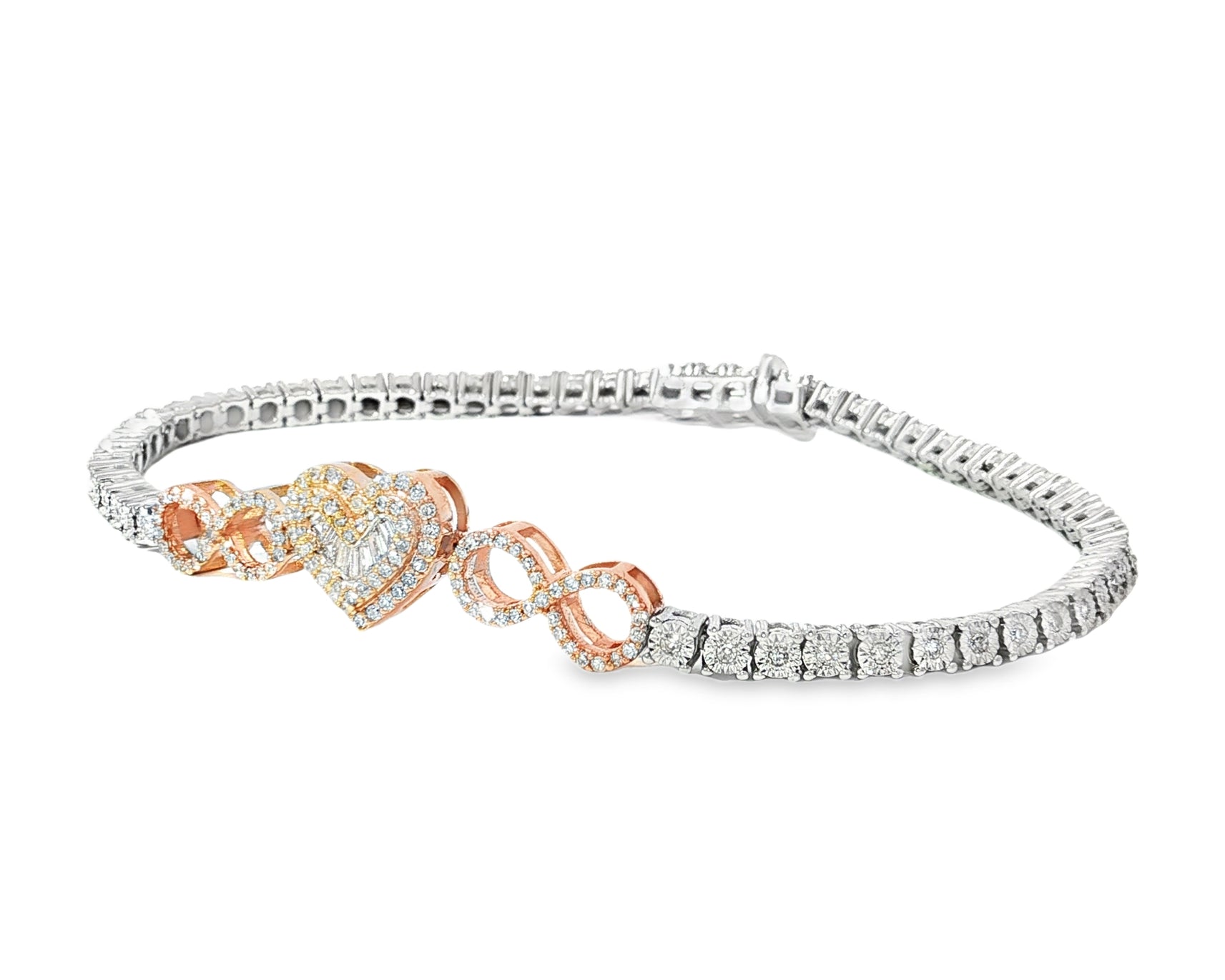 10K Gold Diamond Heart Infinity Tennis Bracelet 2.15ct