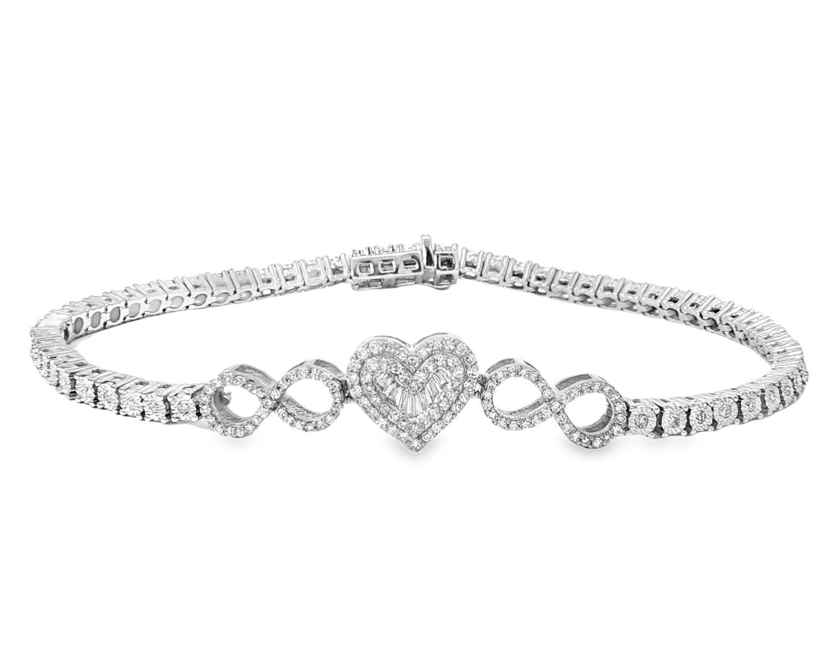 10K Gold Diamond Heart Infinity Tennis Bracelet 2.15ct