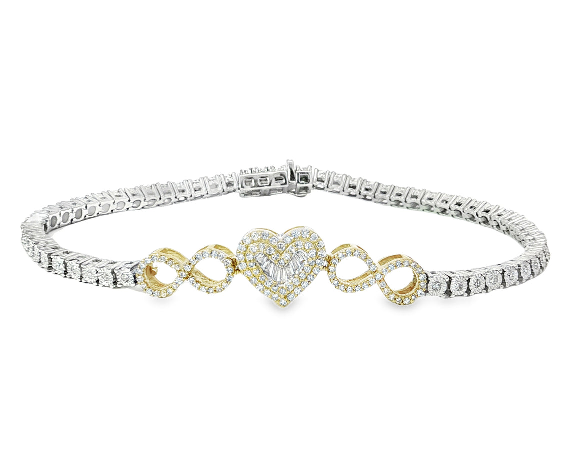 10K Gold Diamond Heart Infinity Tennis Bracelet 2.15ct