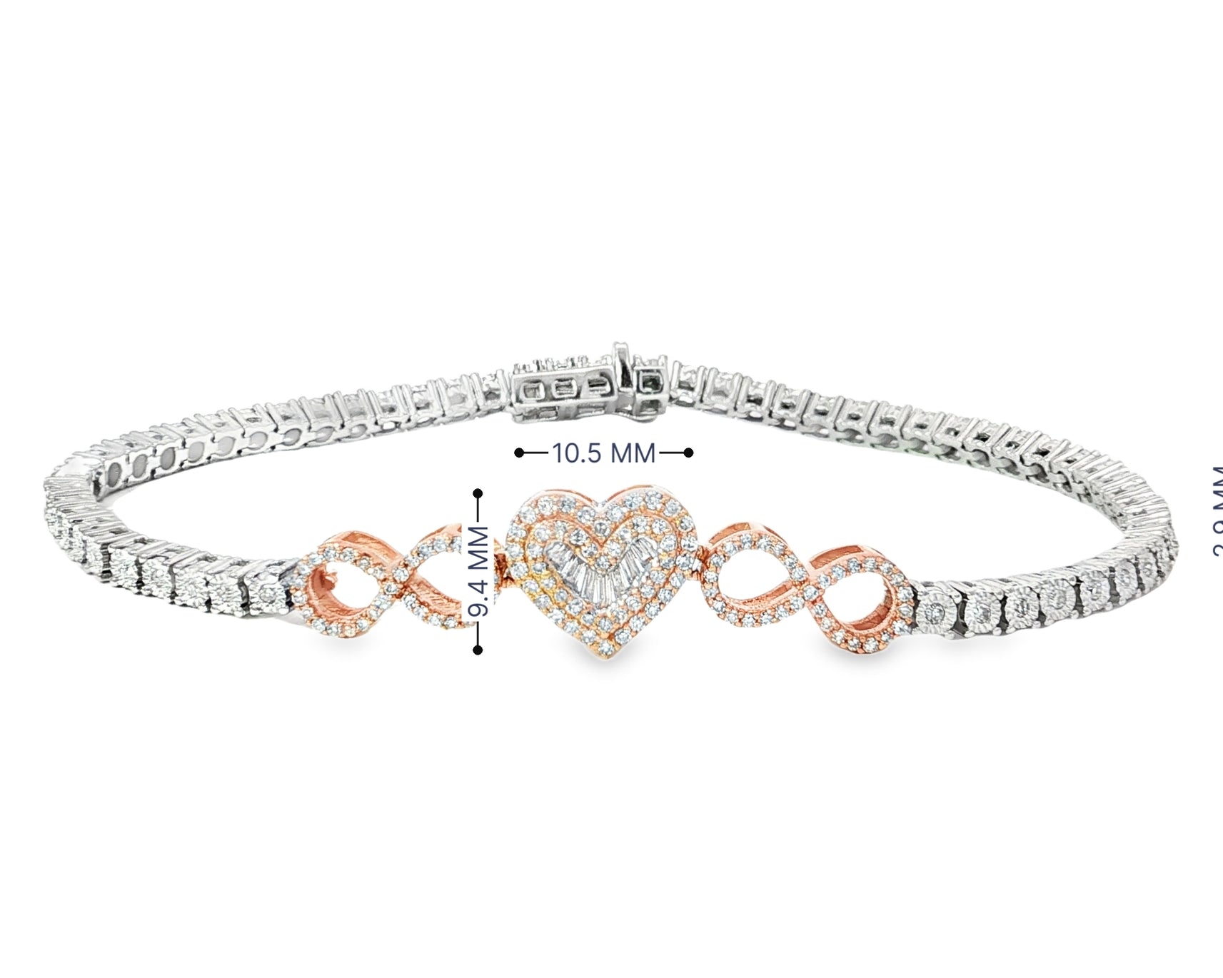 10K Gold Diamond Heart Infinity Tennis Bracelet 2.15ct