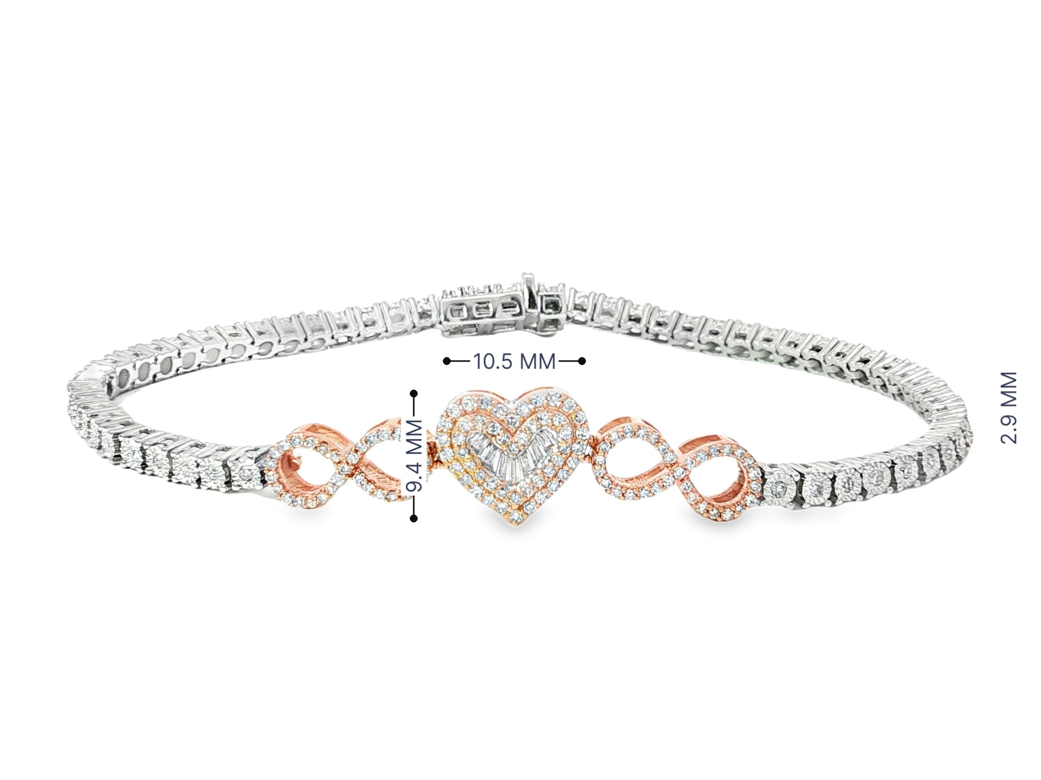 10K Gold Diamond Heart Infinity Tennis Bracelet 2.15ct
