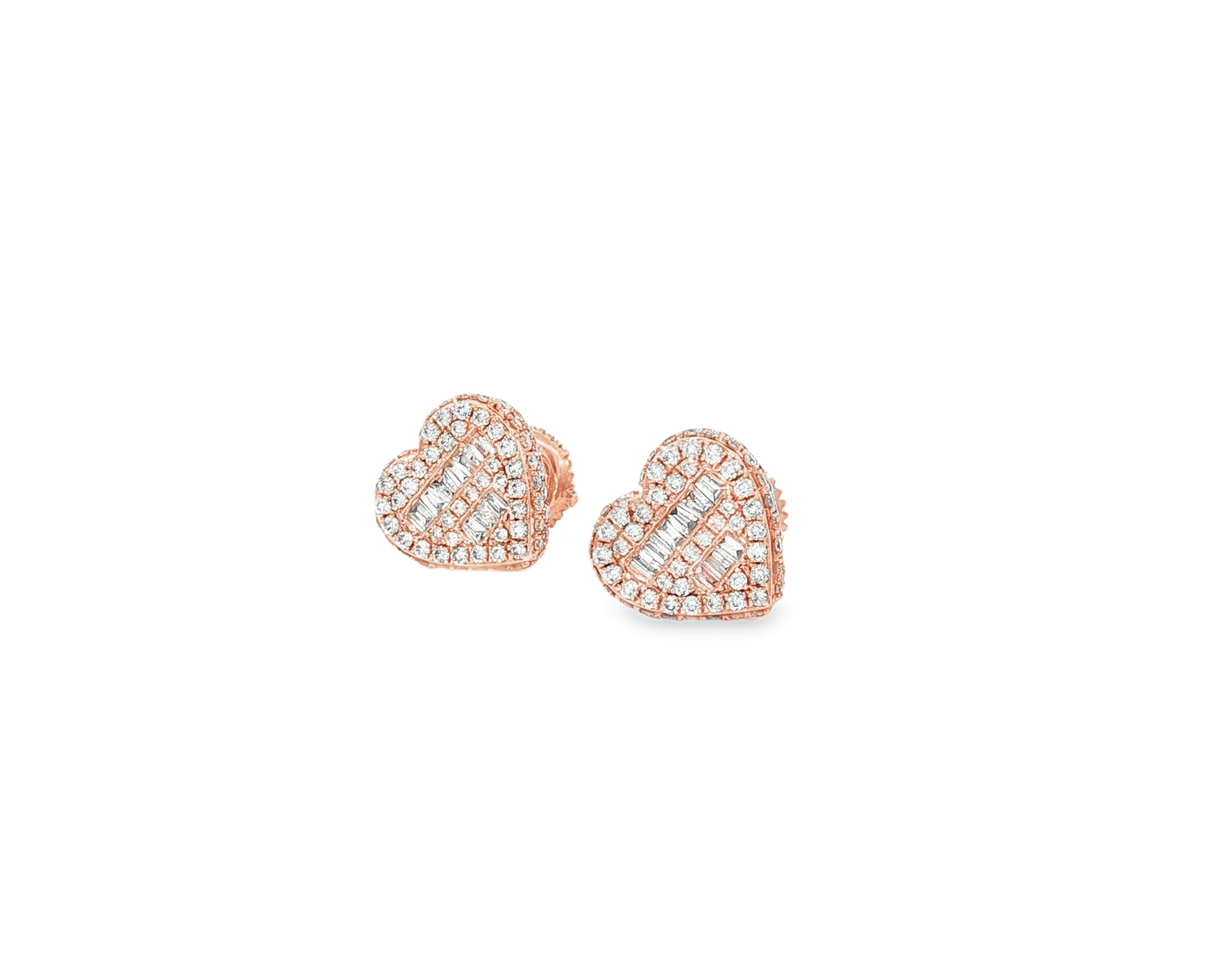 10K Gold Diamond Heart Stud Earrings with Baguette & Round Pavé 0.66ct