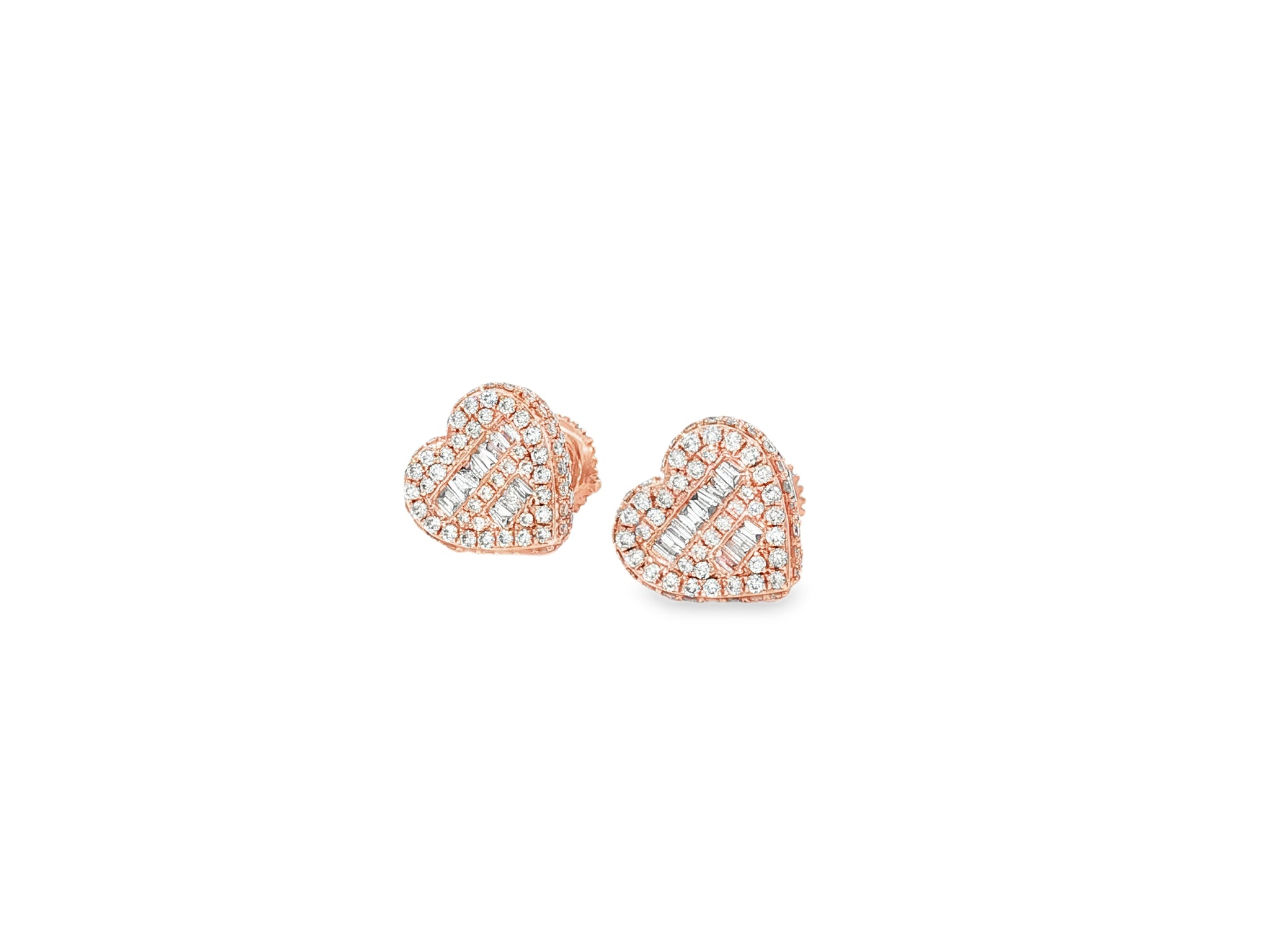 10K Gold Diamond Heart Stud Earrings with Baguette & Round Pavé 0.66ct