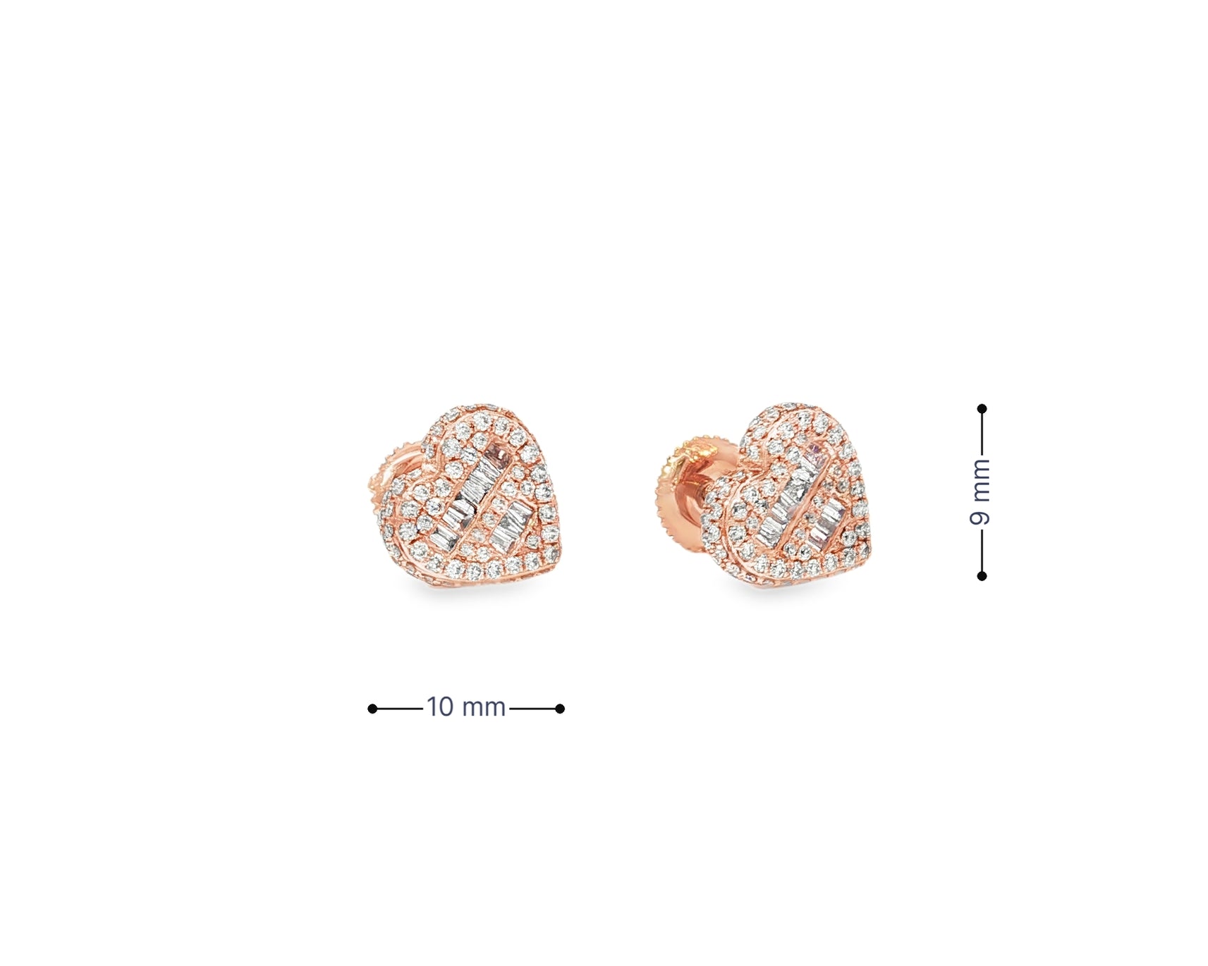 10K Gold Diamond Heart Stud Earrings with Baguette & Round Pavé 0.66ct