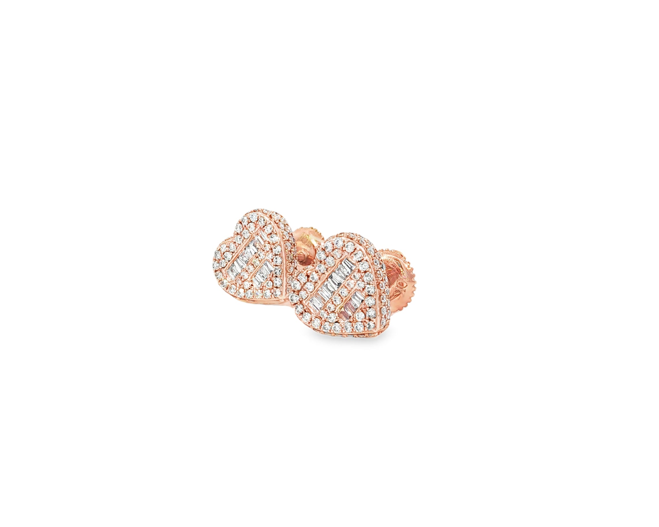 10K Gold Diamond Heart Stud Earrings with Baguette & Round Pavé 0.66ct