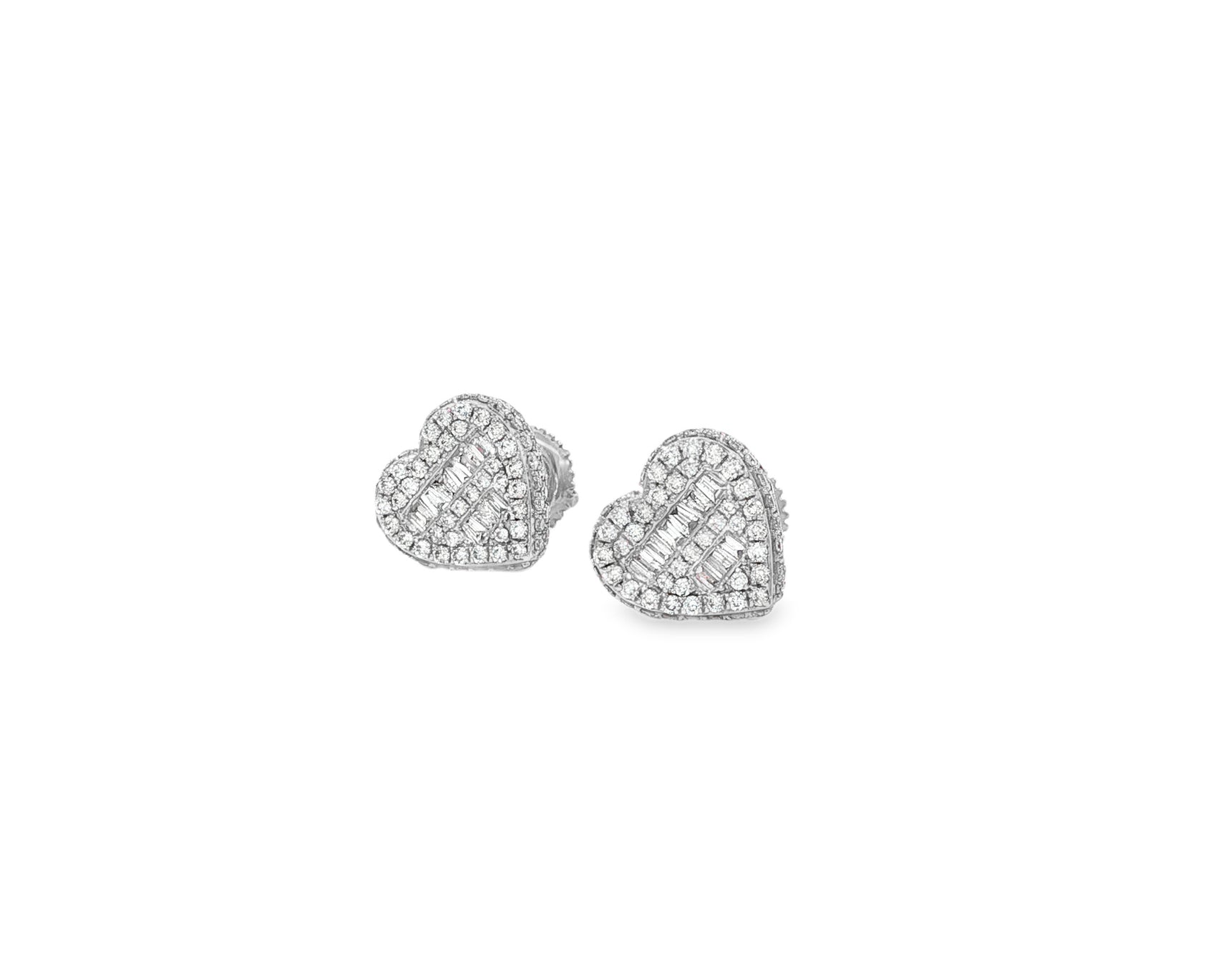 10K Gold Diamond Heart Stud Earrings with Baguette & Round Pavé 0.66ct