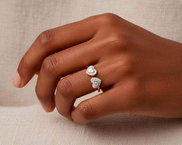10K Gold Diamond Open Heart Ring with Double Pavé Heart Design 0.27ct