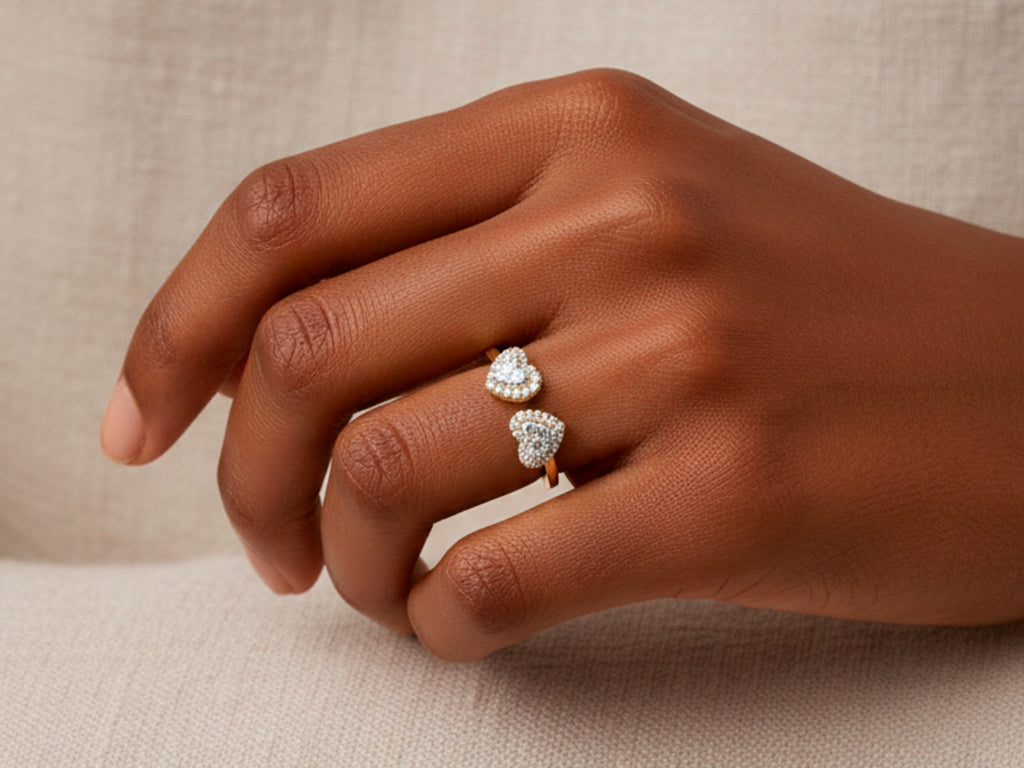 10K Gold Diamond Open Heart Ring with Double Pavé Heart Design 0.27ct