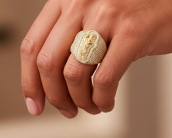 10K Gold Diamond Saint Medallion Ring with Pavé & Baguette 3.75ct