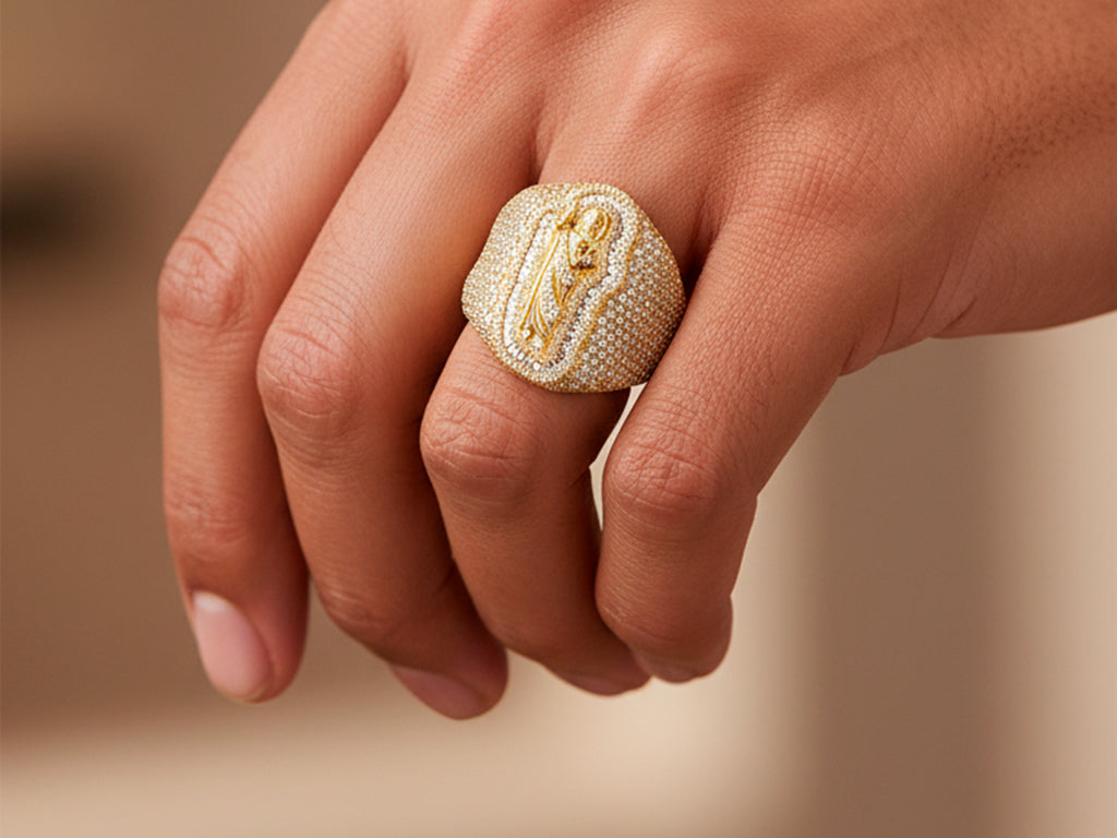 10K Gold Diamond Saint Medallion Ring with Pavé & Baguette 3.75ct