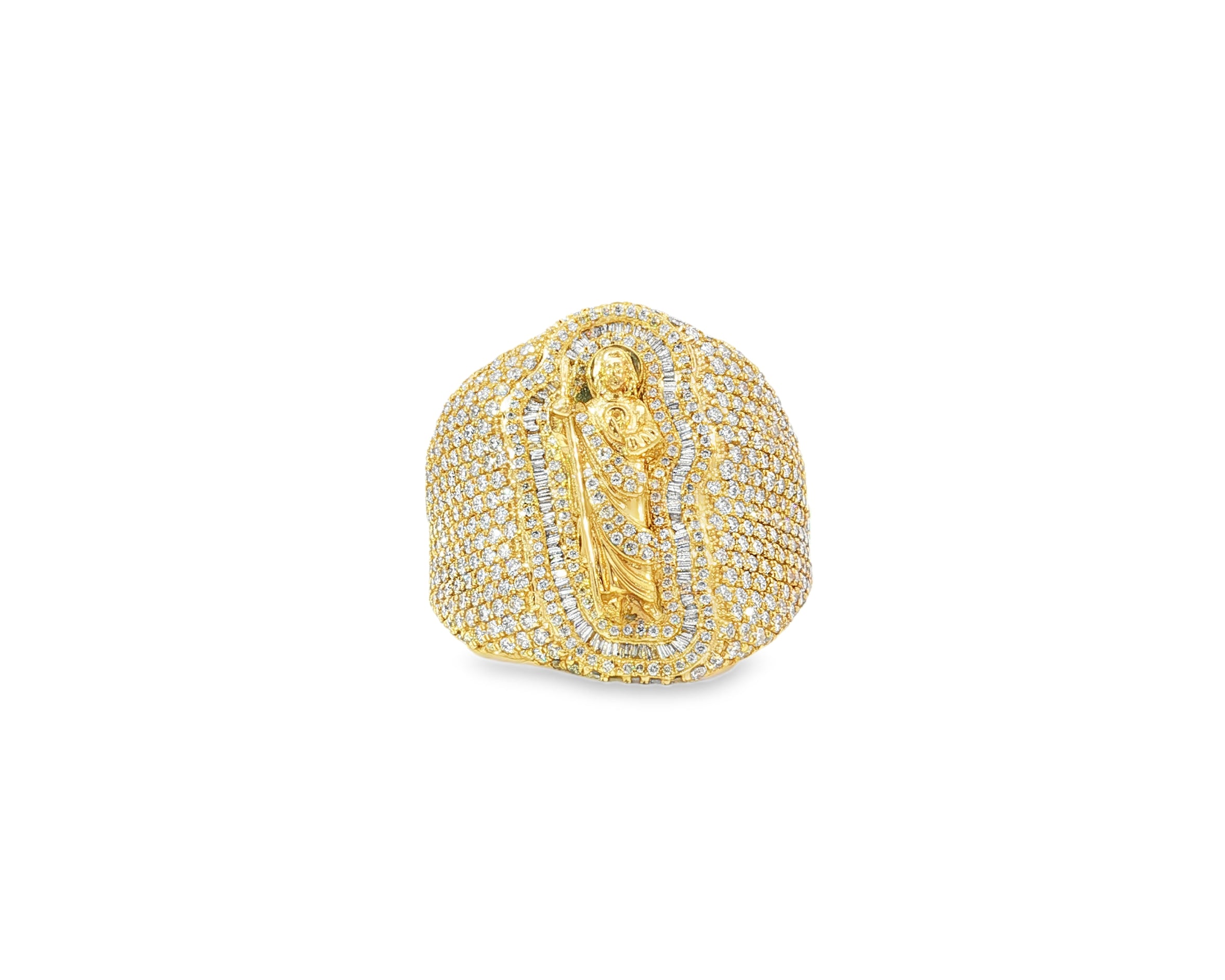 10K Gold Diamond Saint Medallion Ring with Pavé & Baguette 3.75ct