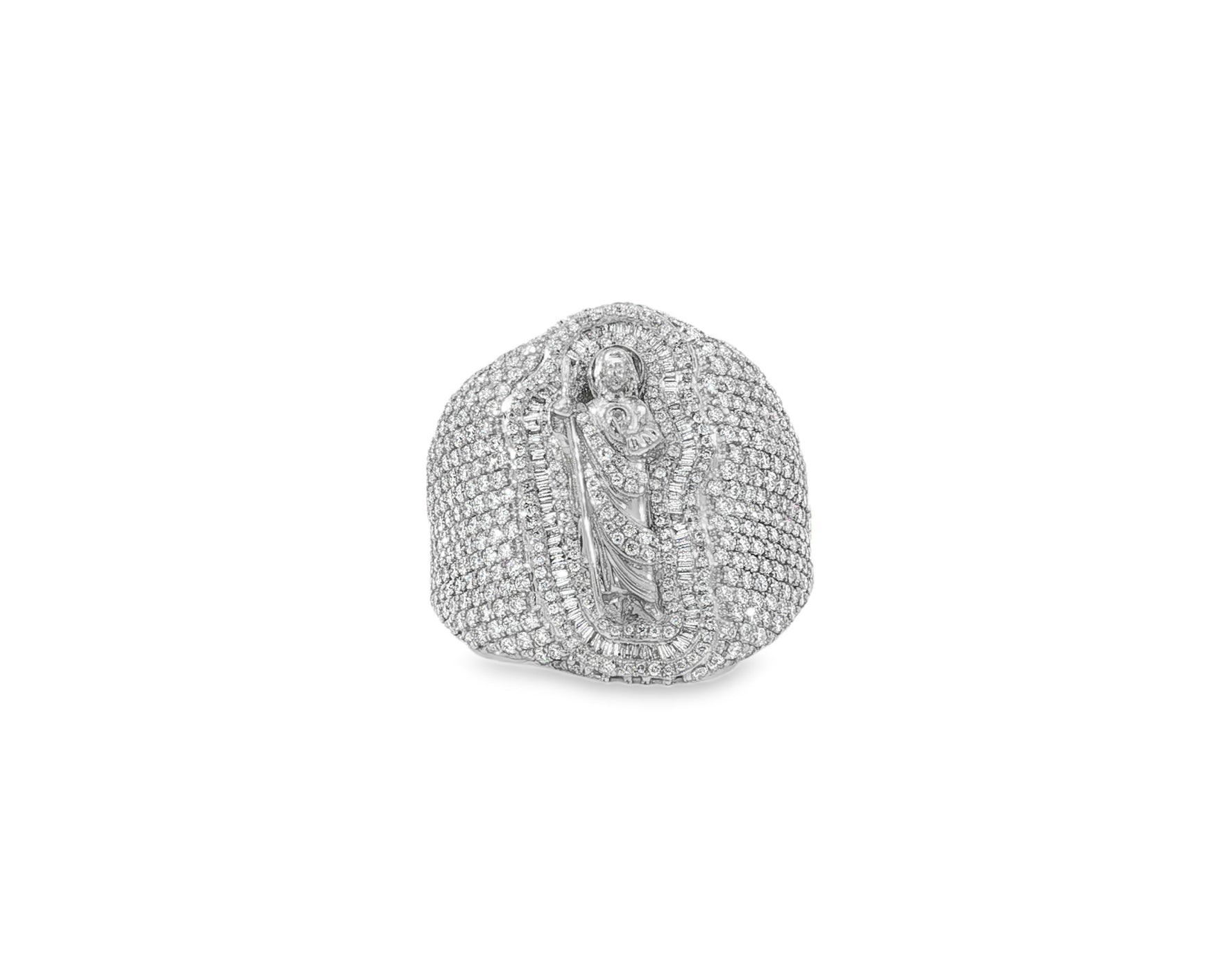 10K Gold Diamond Saint Medallion Ring with Pavé & Baguette 3.75ct