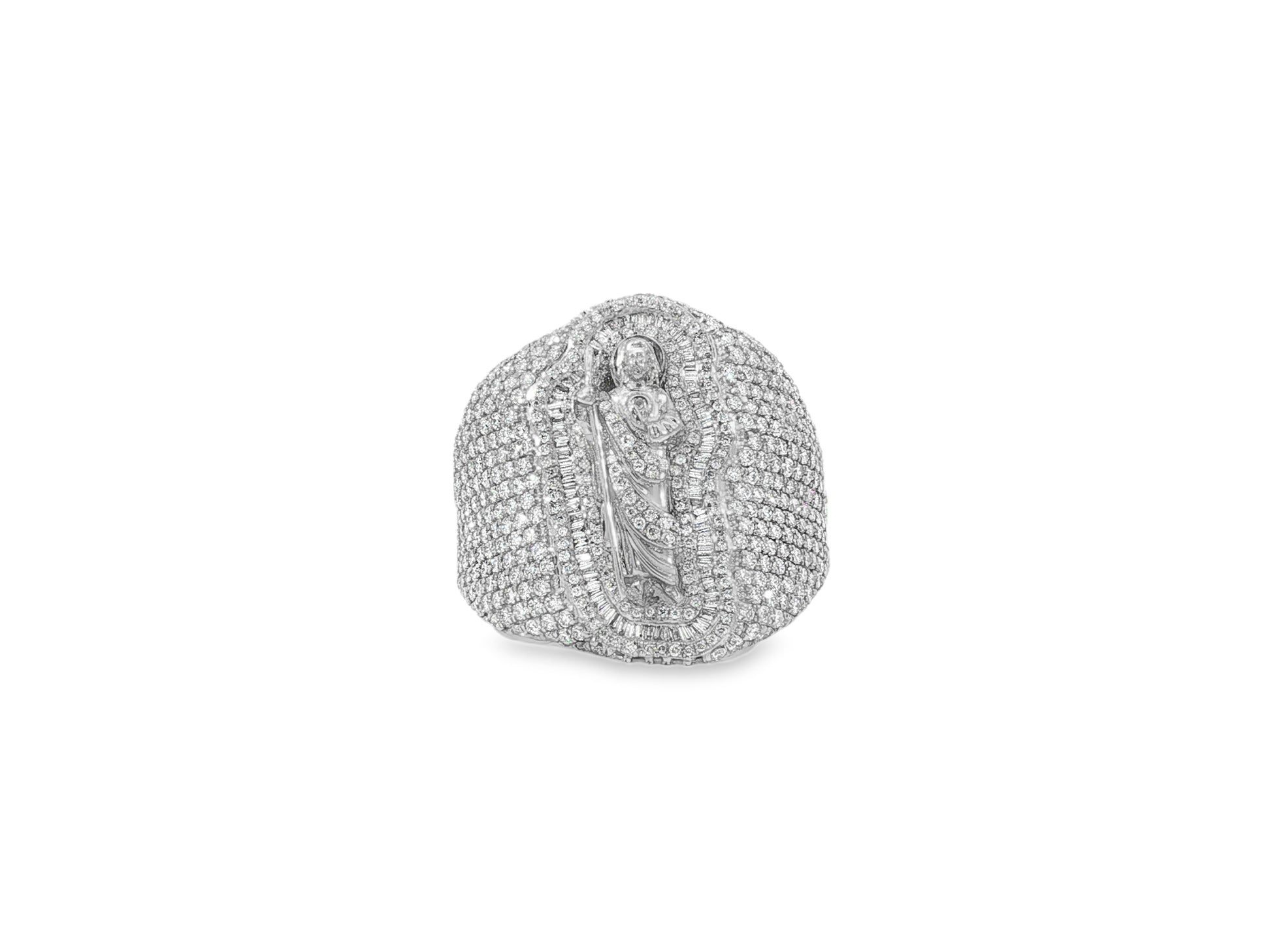 10K Gold Diamond Saint Medallion Ring with Pavé & Baguette 3.75ct