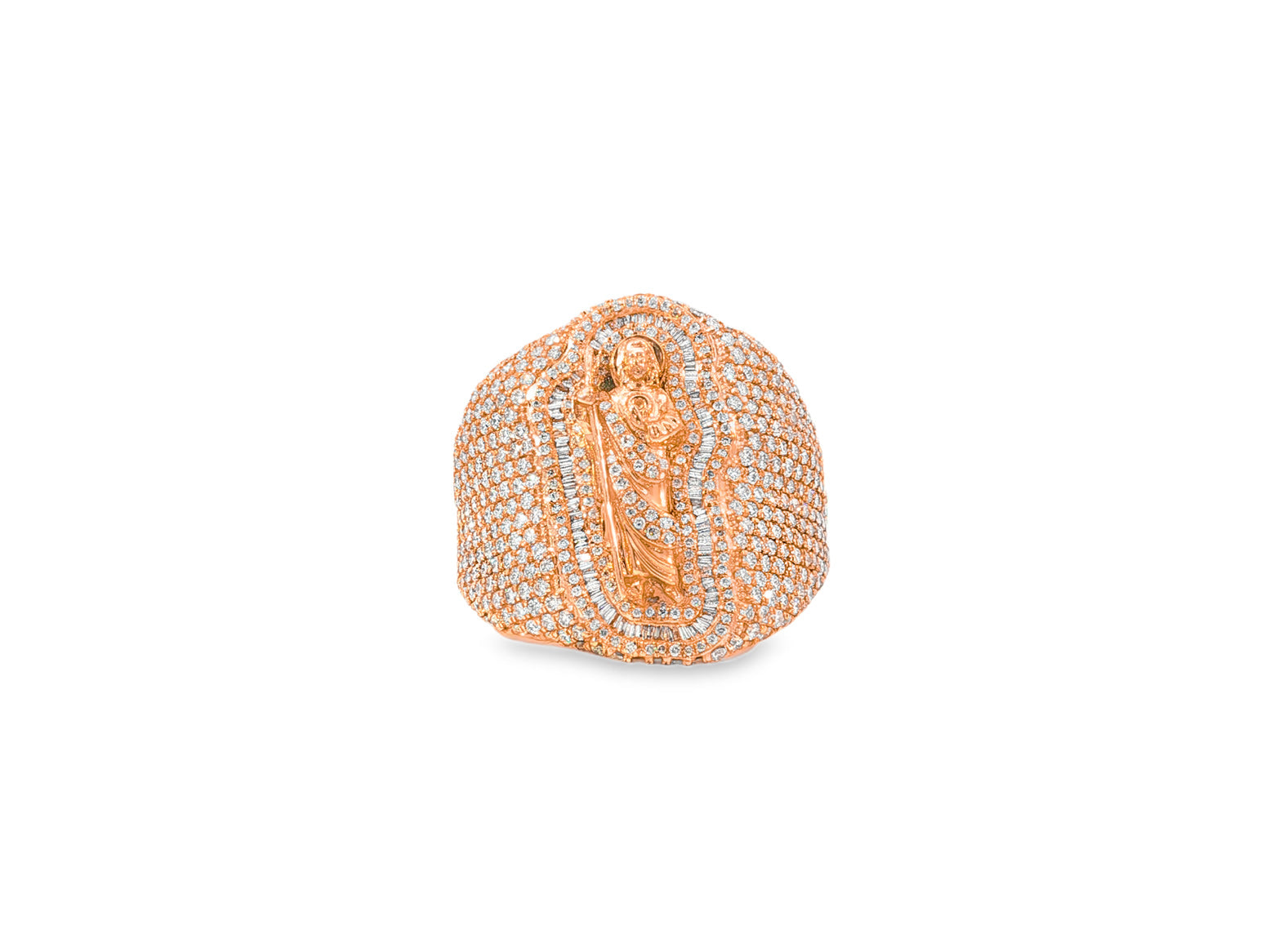 10K Gold Diamond Saint Medallion Ring with Pavé & Baguette 3.75ct