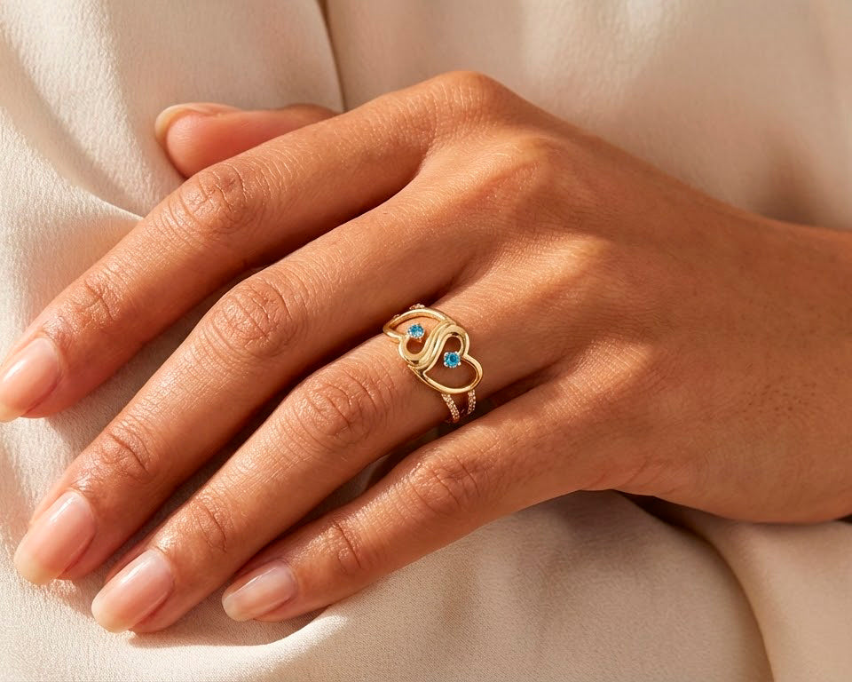 10K Gold Double Open Heart Ring with Blue & White Cubic Zirconia