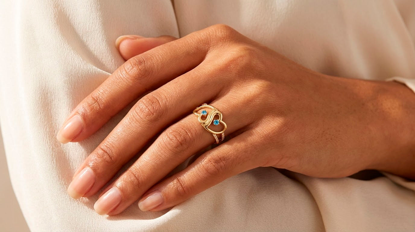 10K Gold Double Open Heart Ring with Blue & White Cubic Zirconia
