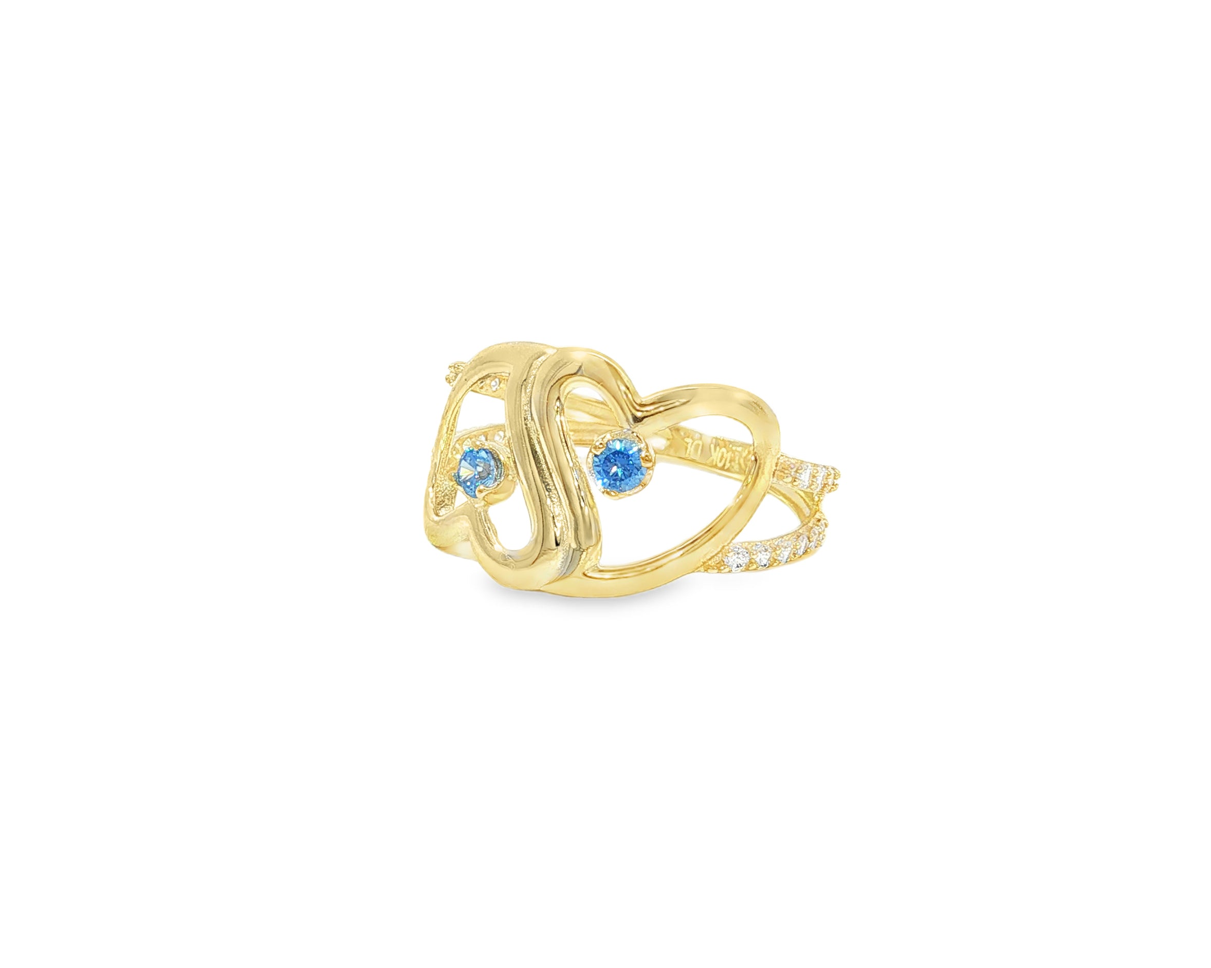 10K Gold Double Open Heart Ring with Blue & White Cubic Zirconia
