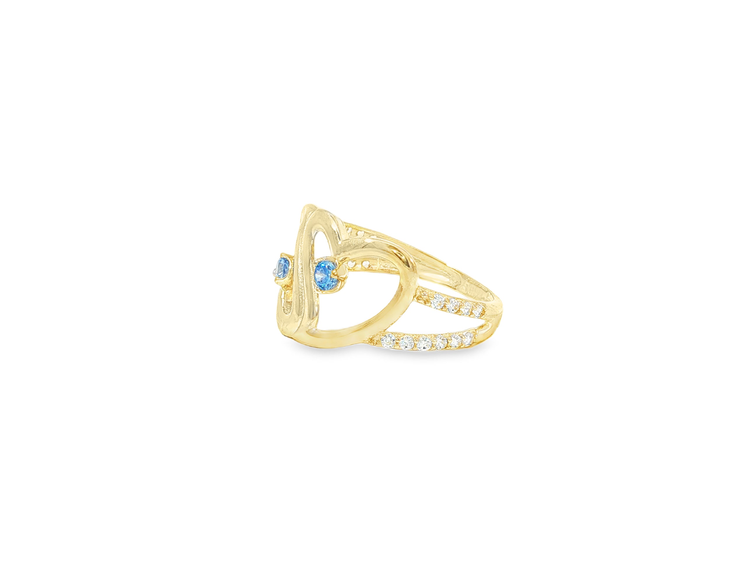 10K Gold Double Open Heart Ring with Blue & White Cubic Zirconia